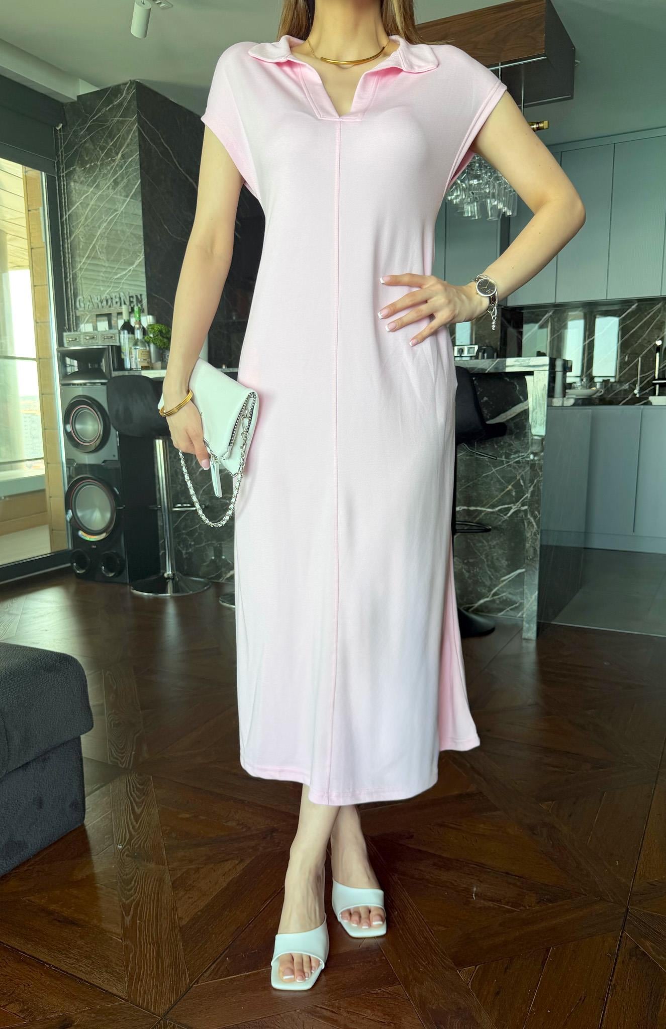 Yakalı Pike Elbise PEMBE