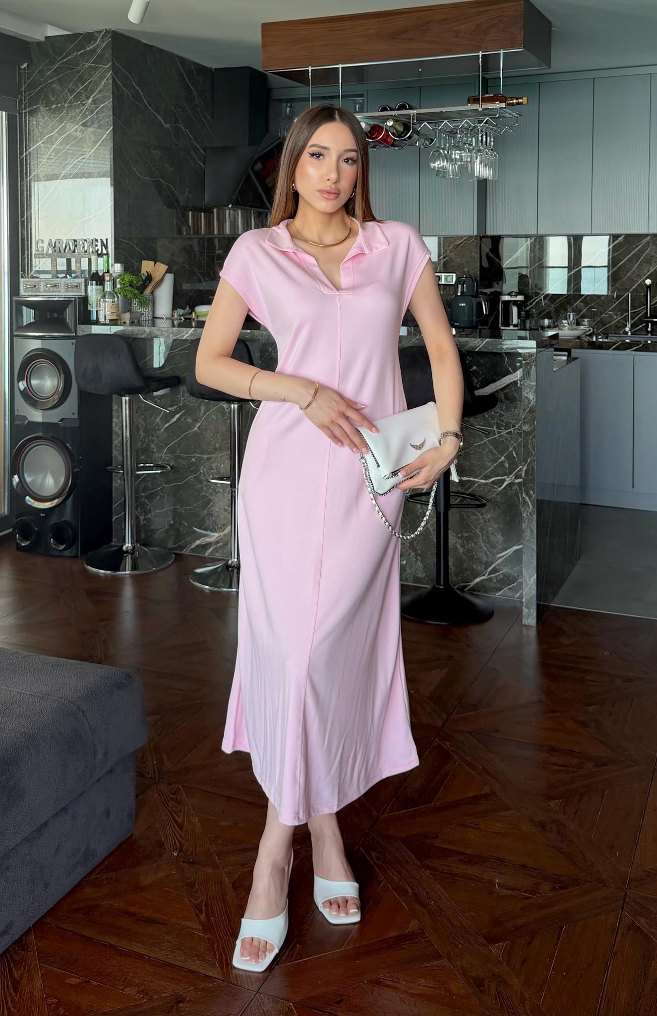 Yakalı Pike Elbise PEMBE