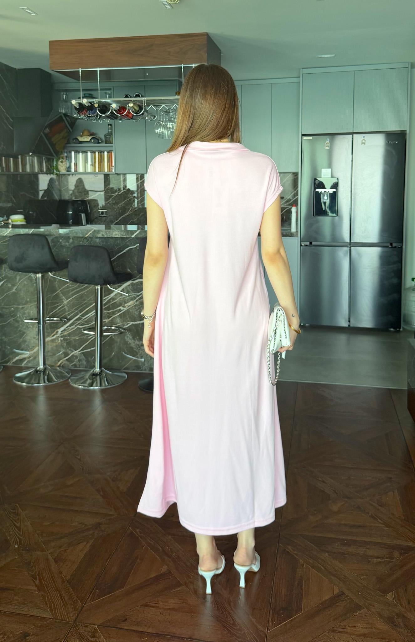 Yakalı Pike Elbise PEMBE