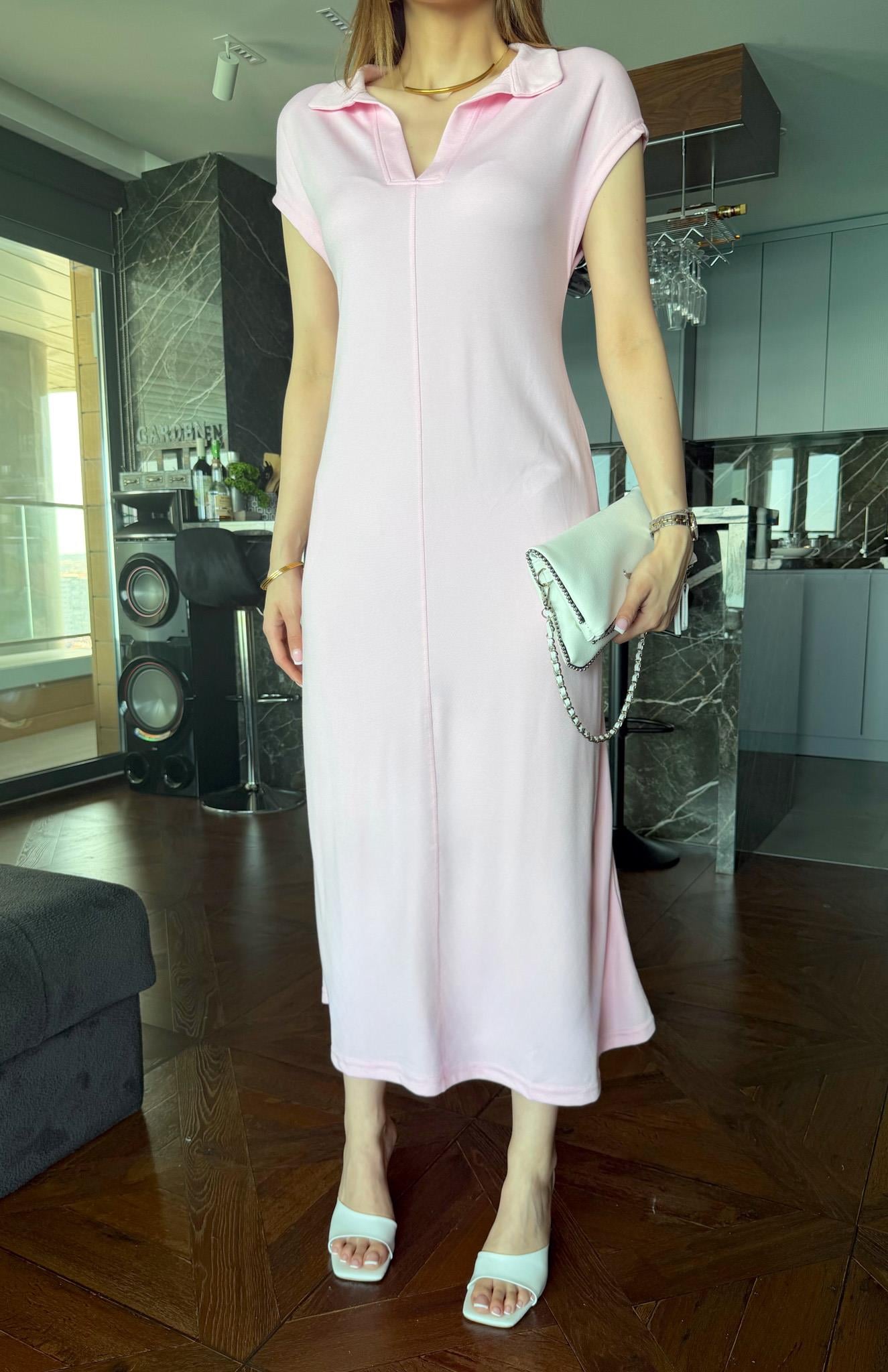 Yakalı Pike Elbise PEMBE
