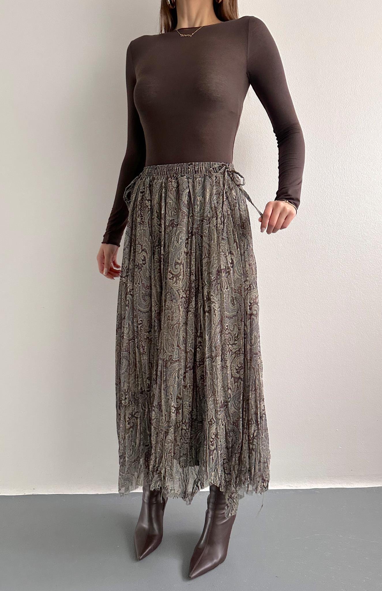 Beli Lastikli Desenli Etek YEŞİL