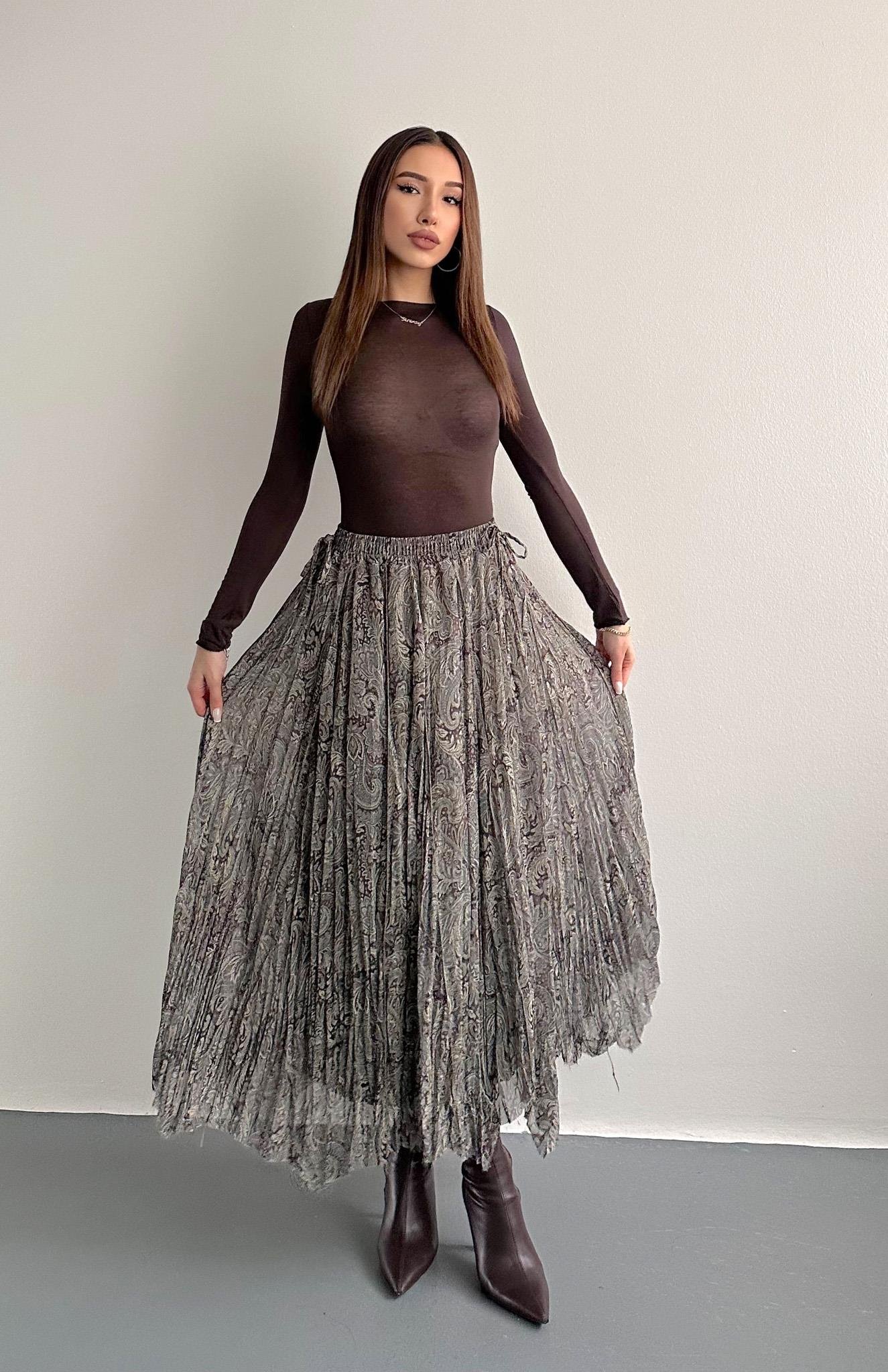 Beli Lastikli Desenli Etek YEŞİL