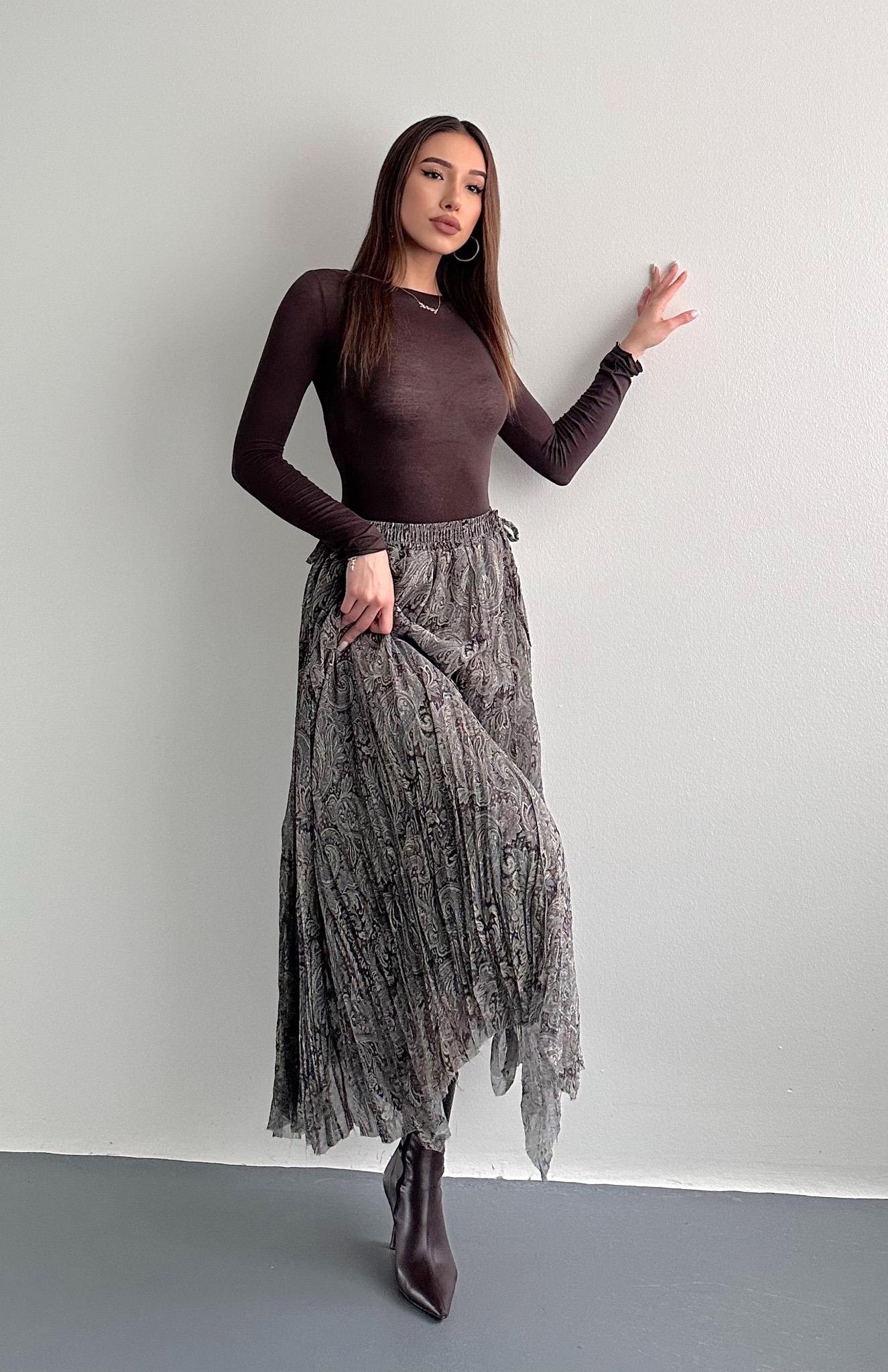 Beli Lastikli Desenli Etek YEŞİL