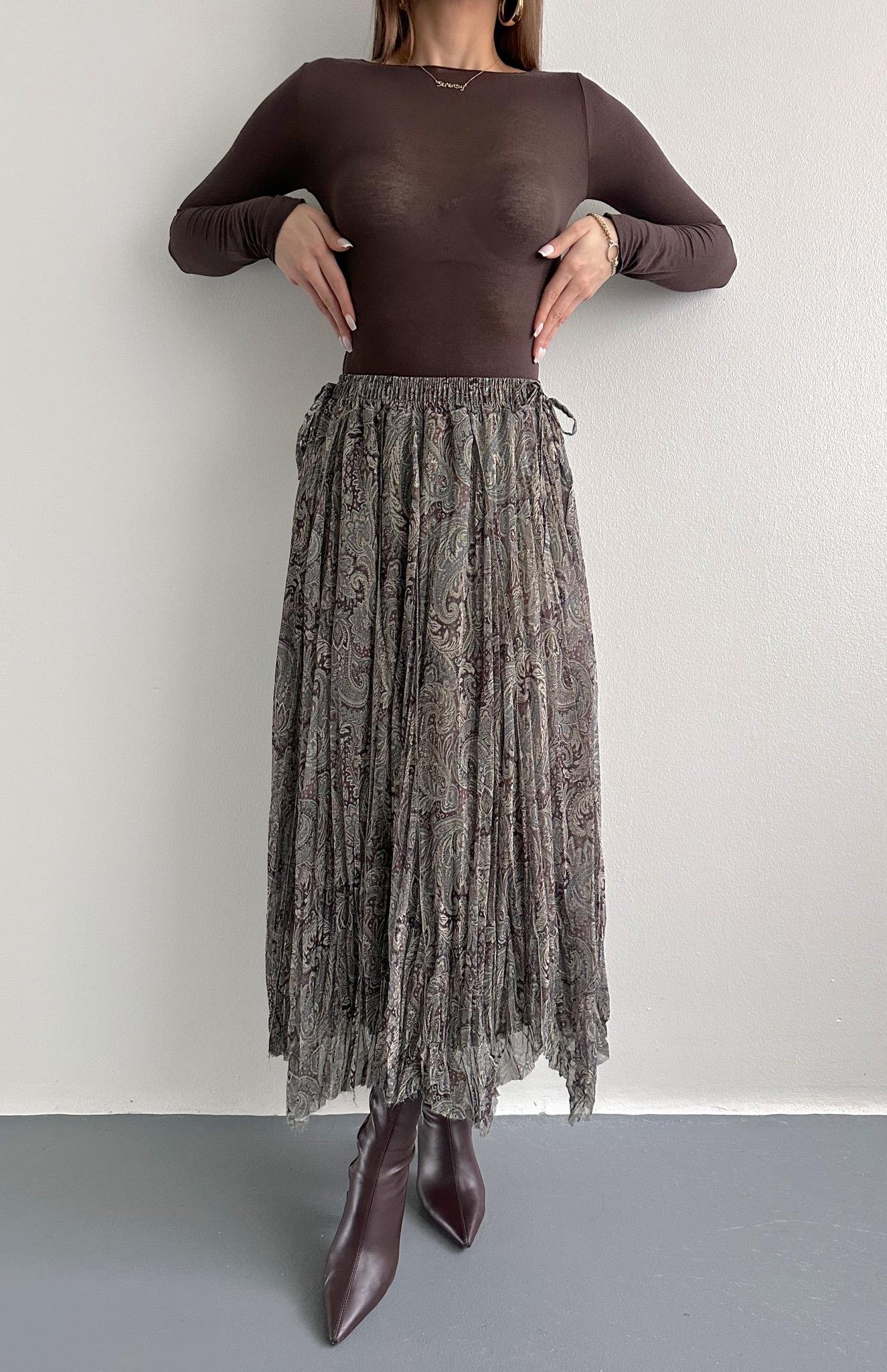 Beli Lastikli Desenli Etek YEŞİL