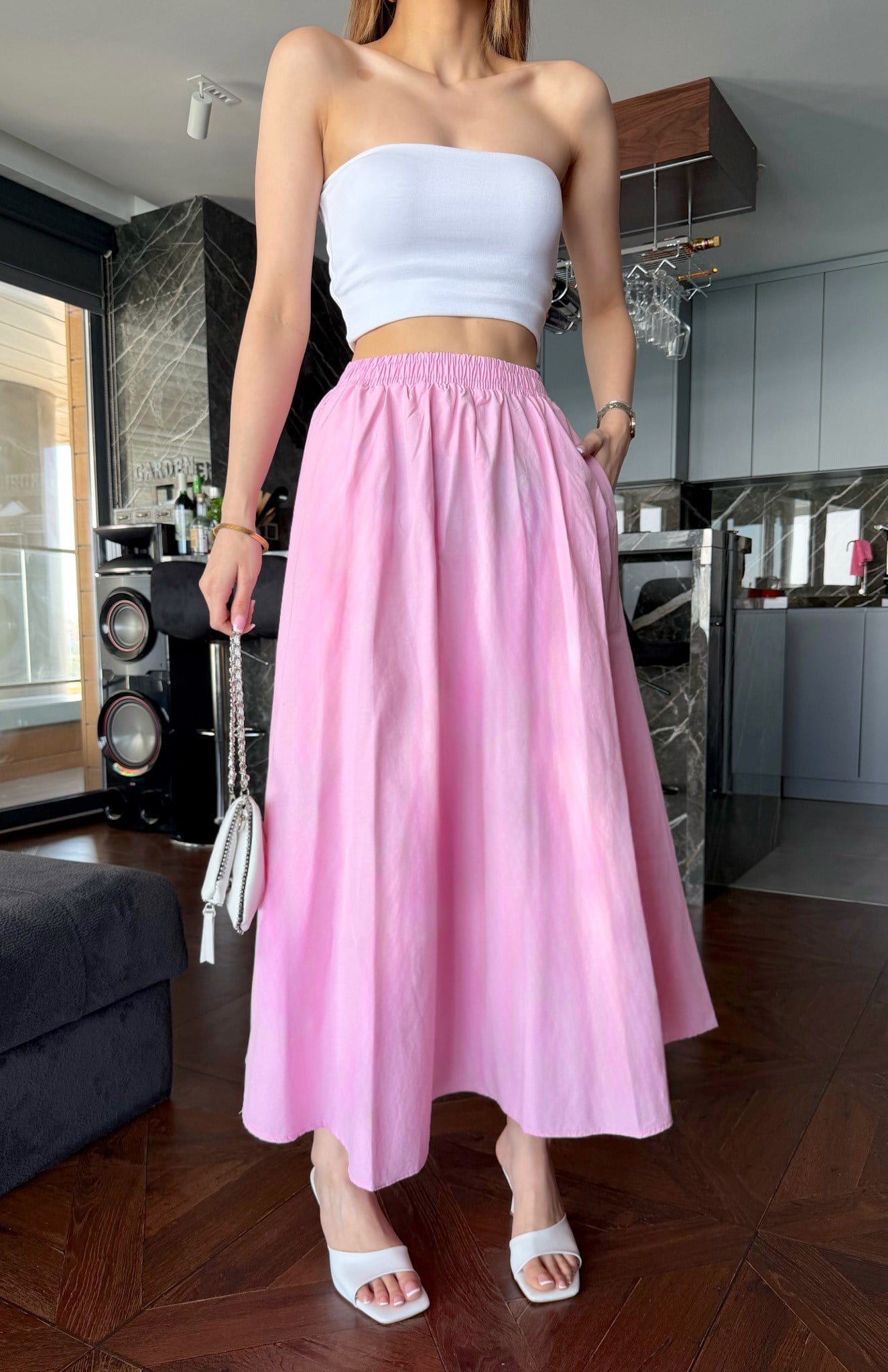 Cepli Beli Lastikli Paraşüt Etek PEMBE