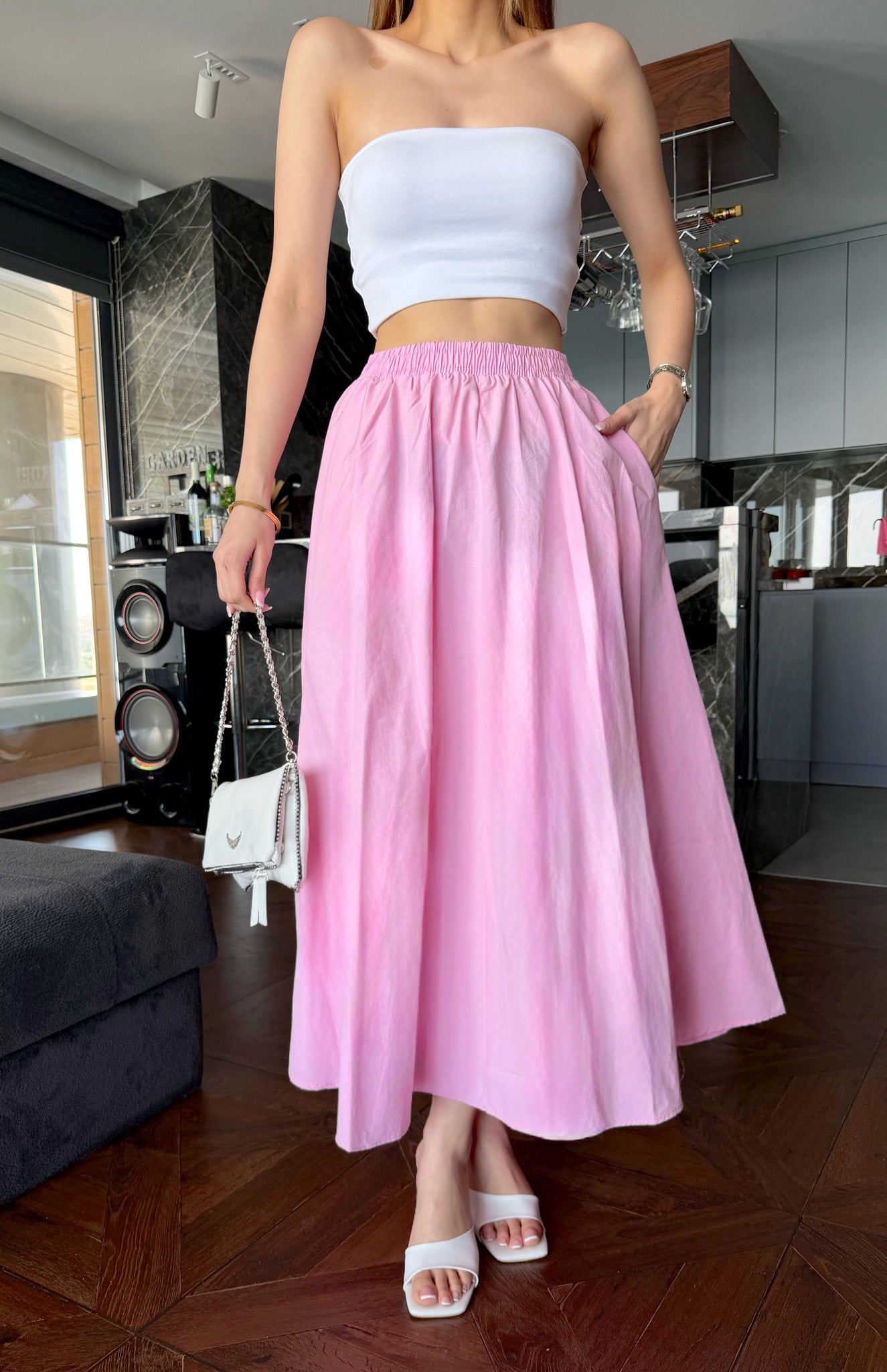 Cepli Beli Lastikli Paraşüt Etek PEMBE