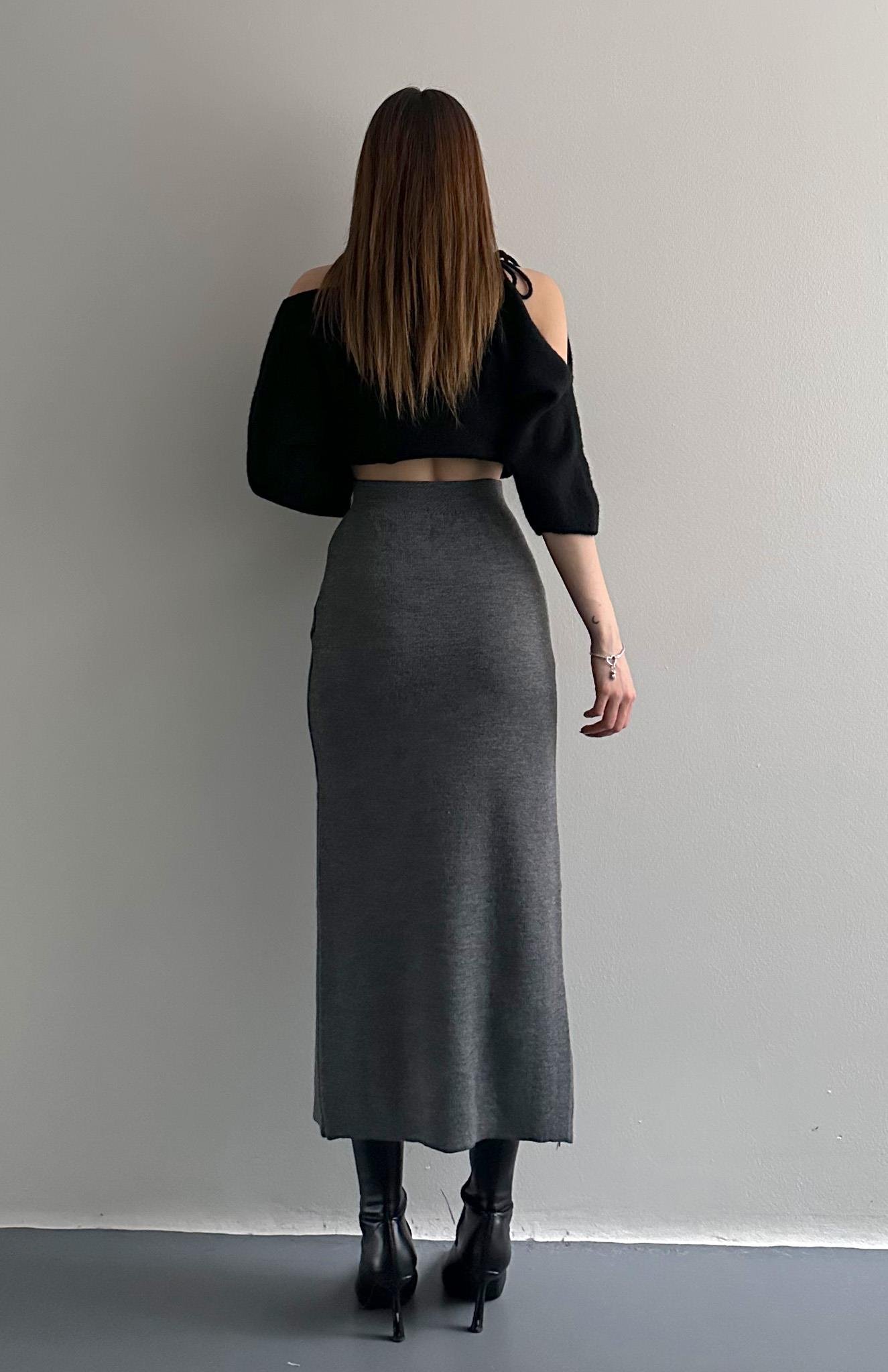 Dantel Detaylı Triko Etek ANTRASİT