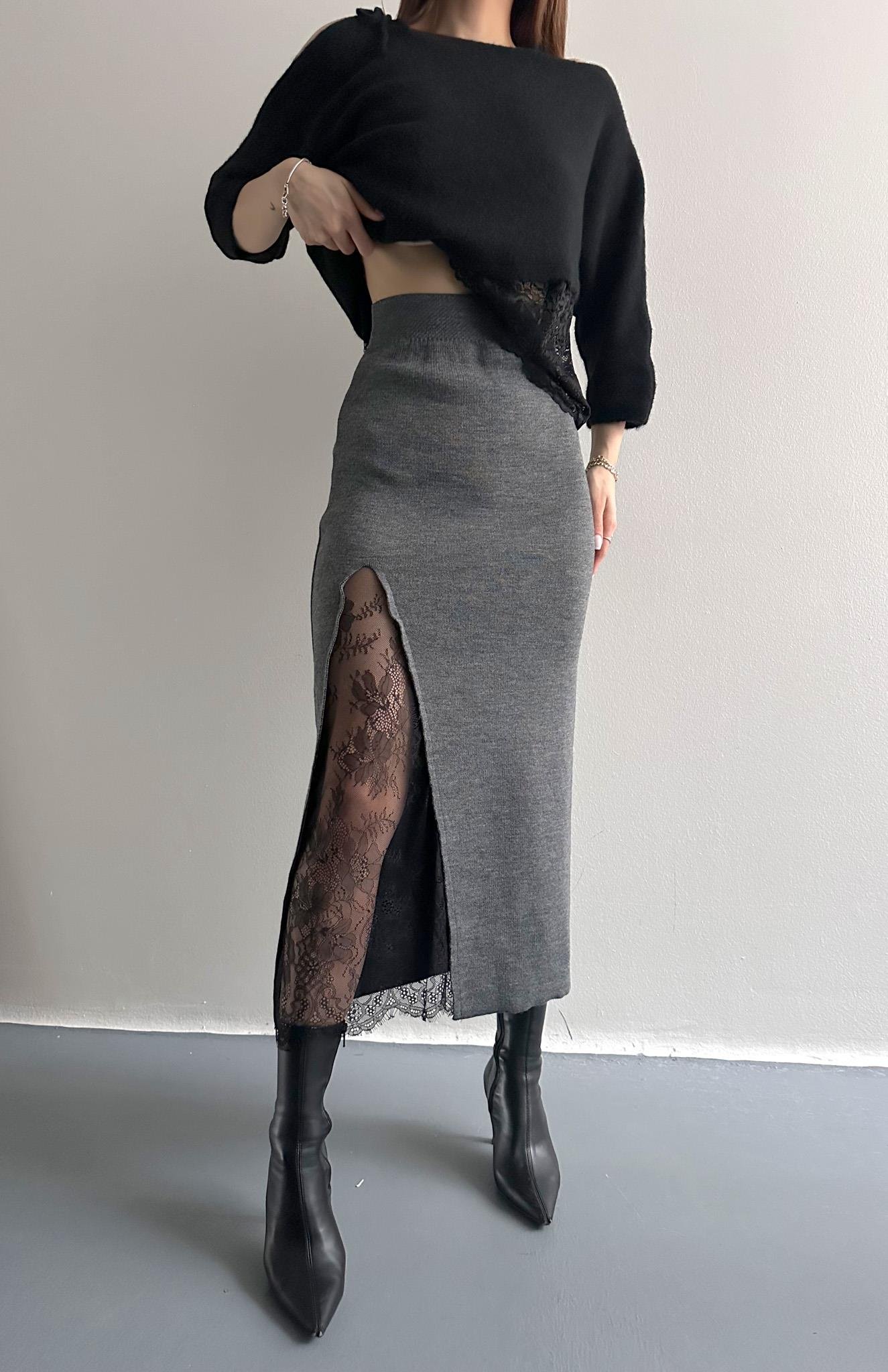 Dantel Detaylı Triko Etek ANTRASİT