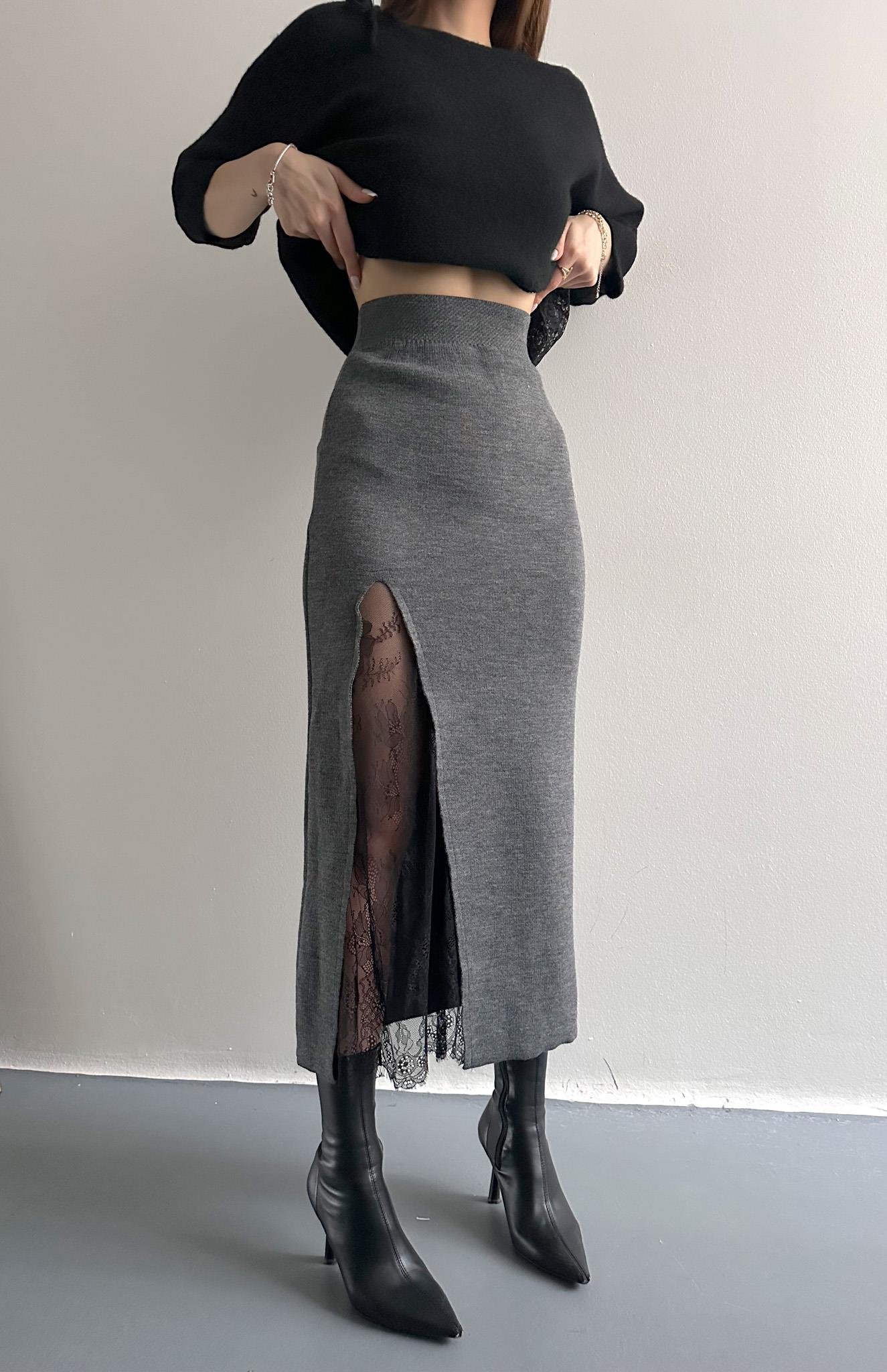 Dantel Detaylı Triko Etek ANTRASİT