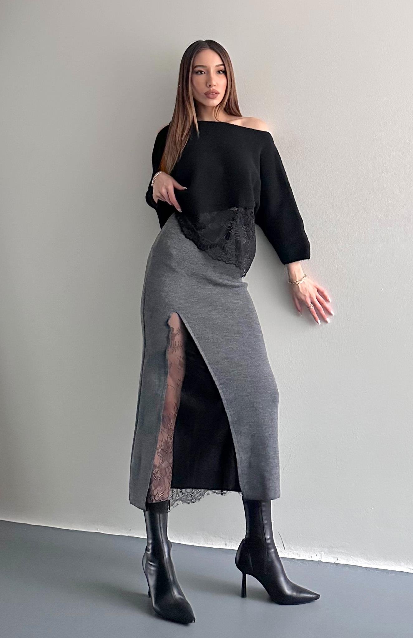 Dantel Detaylı Triko Etek ANTRASİT