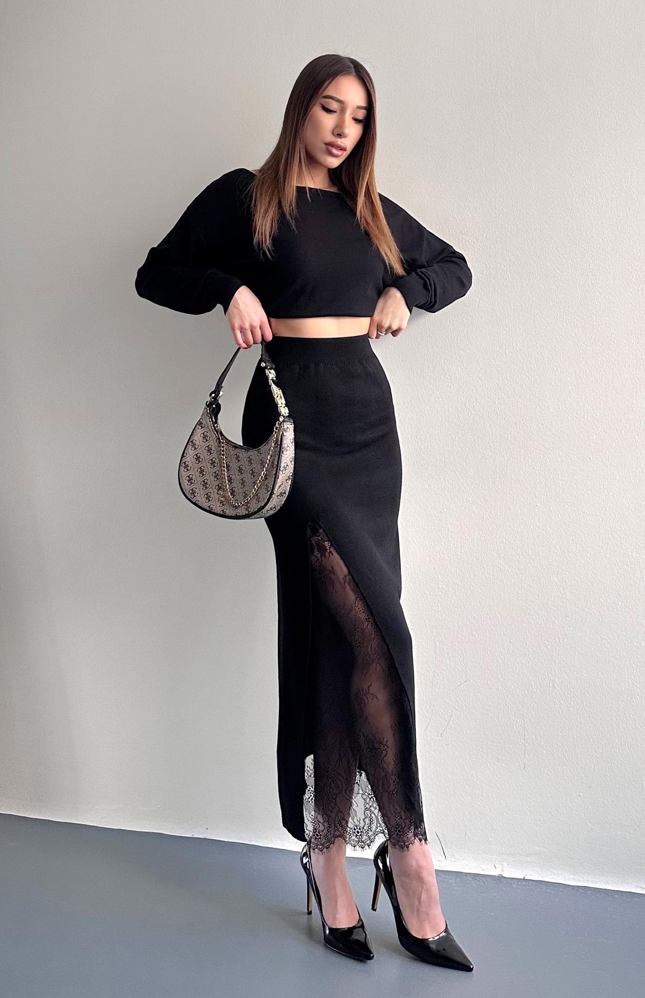 Dantel Detaylı Triko Etek SİYAH