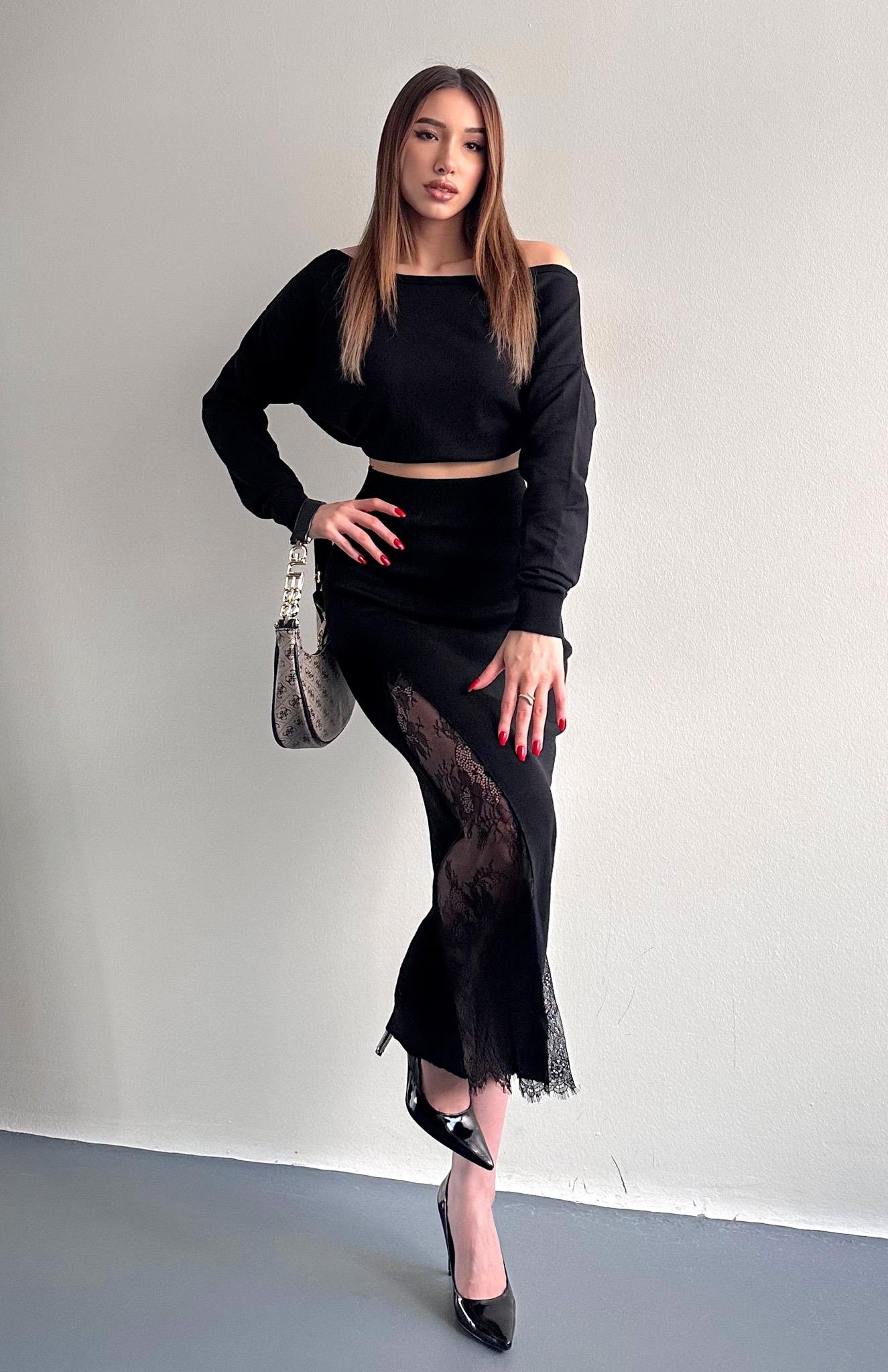 Dantel Detaylı Triko Etek SİYAH