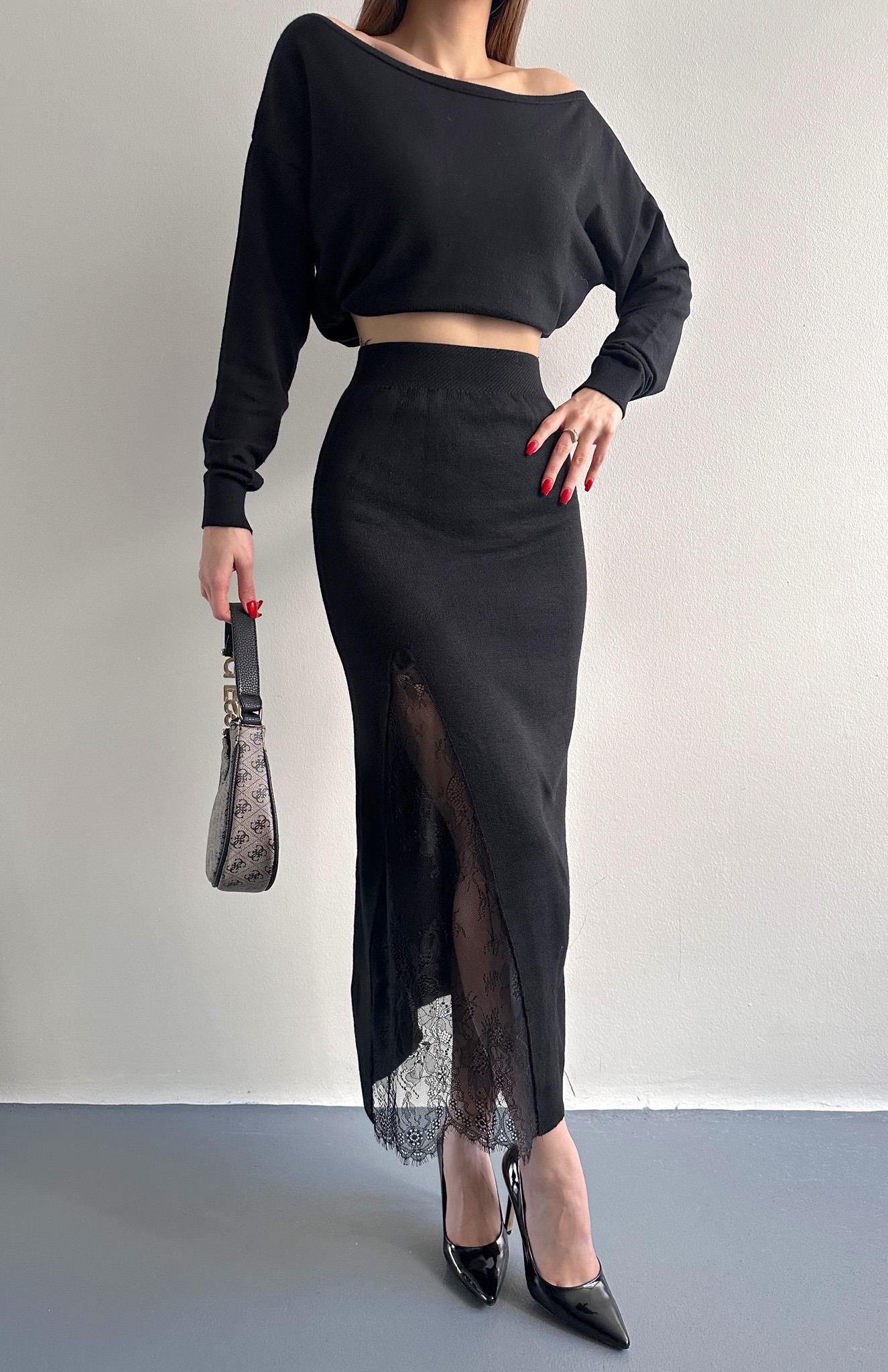 Dantel Detaylı Triko Etek SİYAH