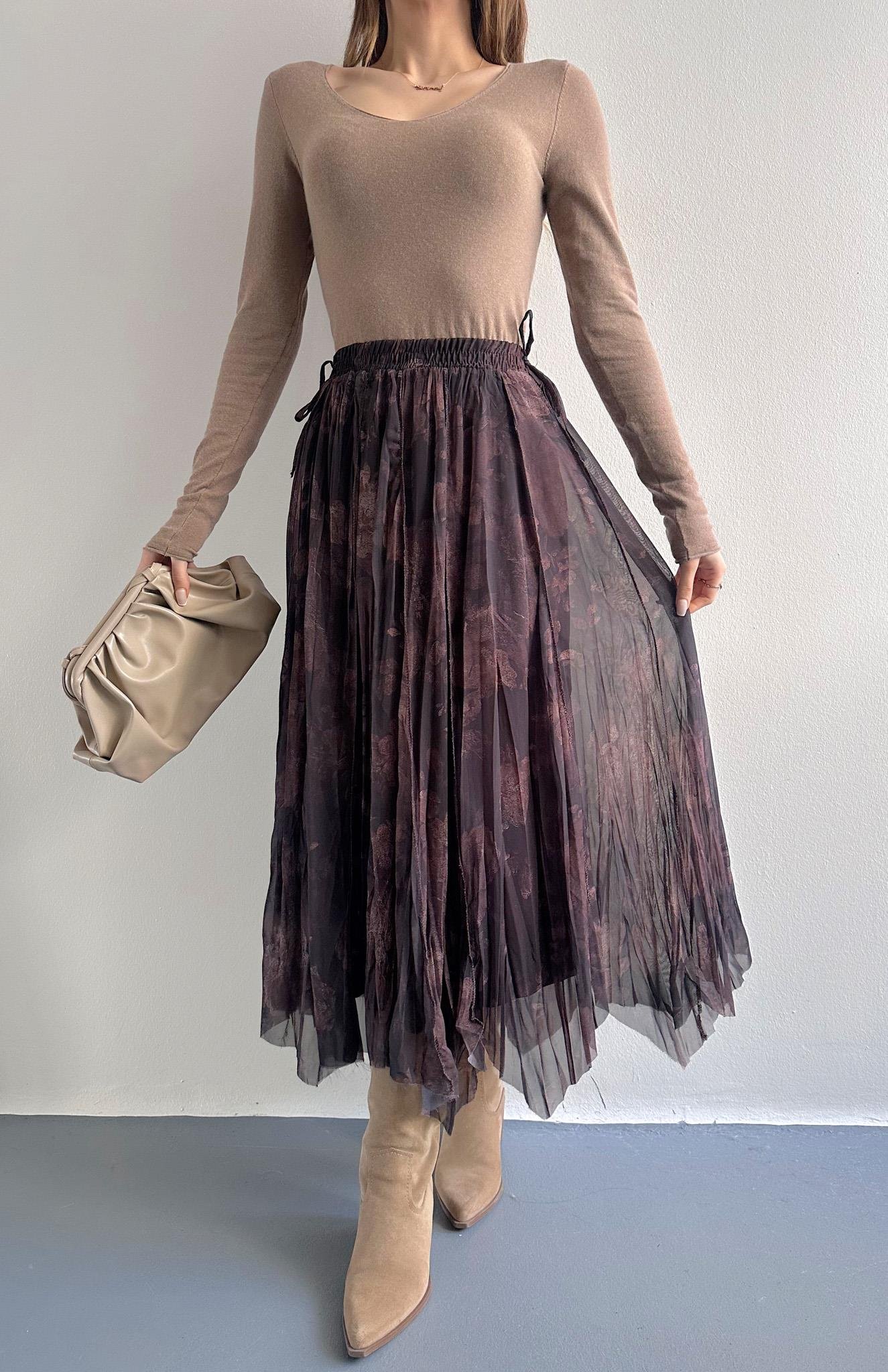 Desenli Elbise KAHVERENGİ