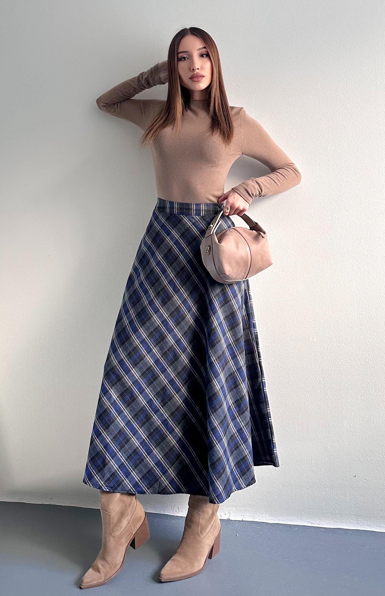 Ekose Desenli Verev Etek LACİVERT