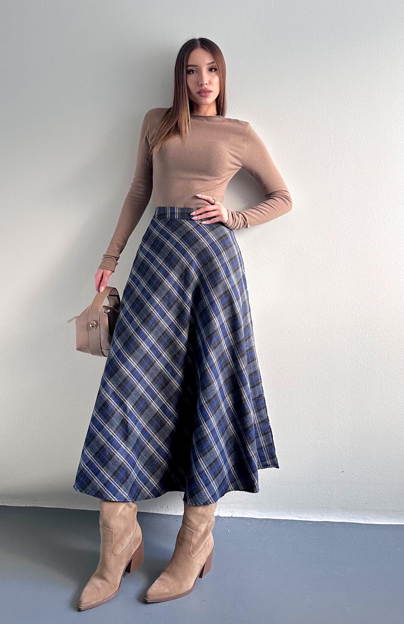 Ekose Desenli Verev Etek LACİVERT