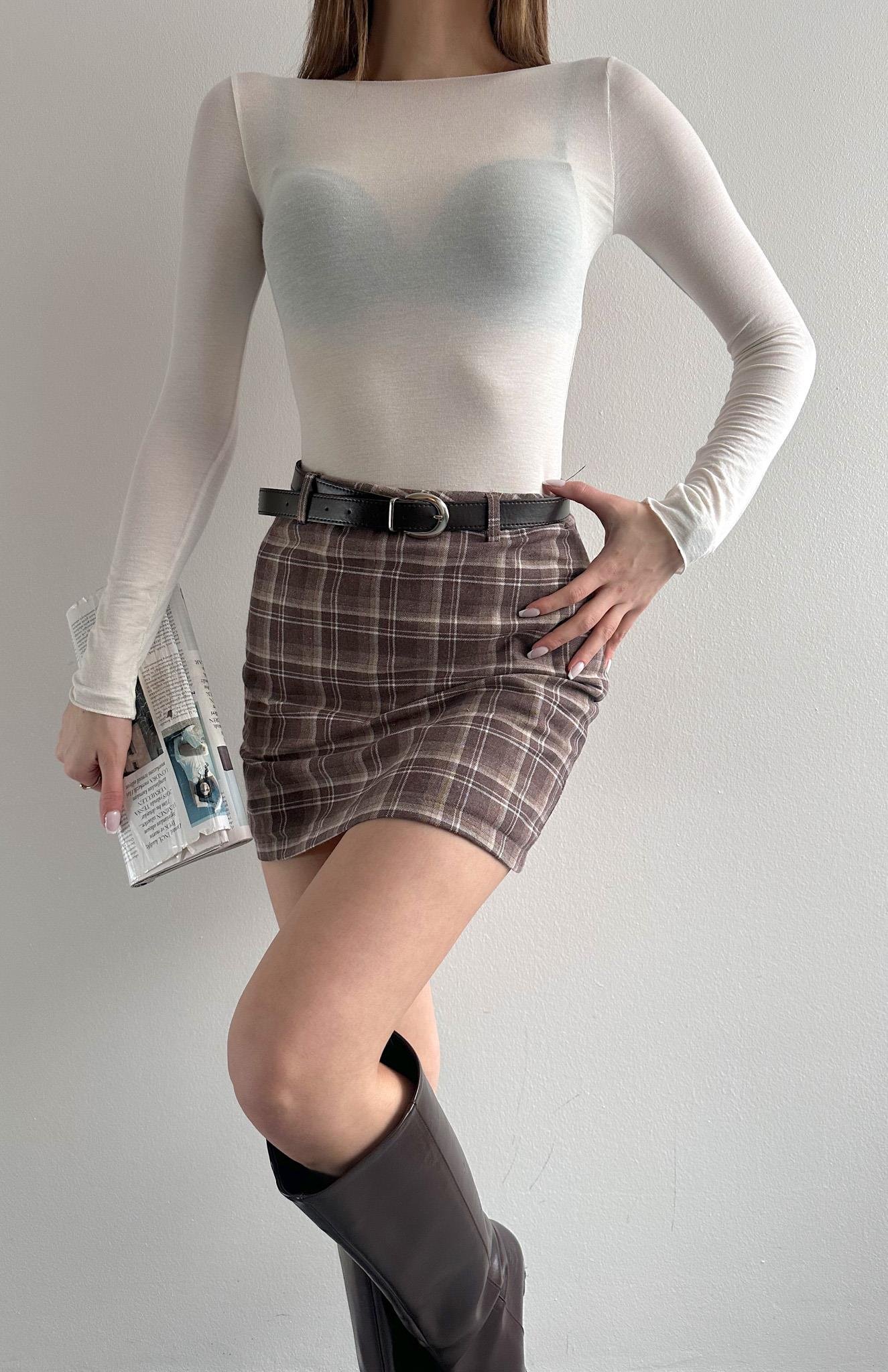 Ekose Düz Şort Etek A.KAHVE