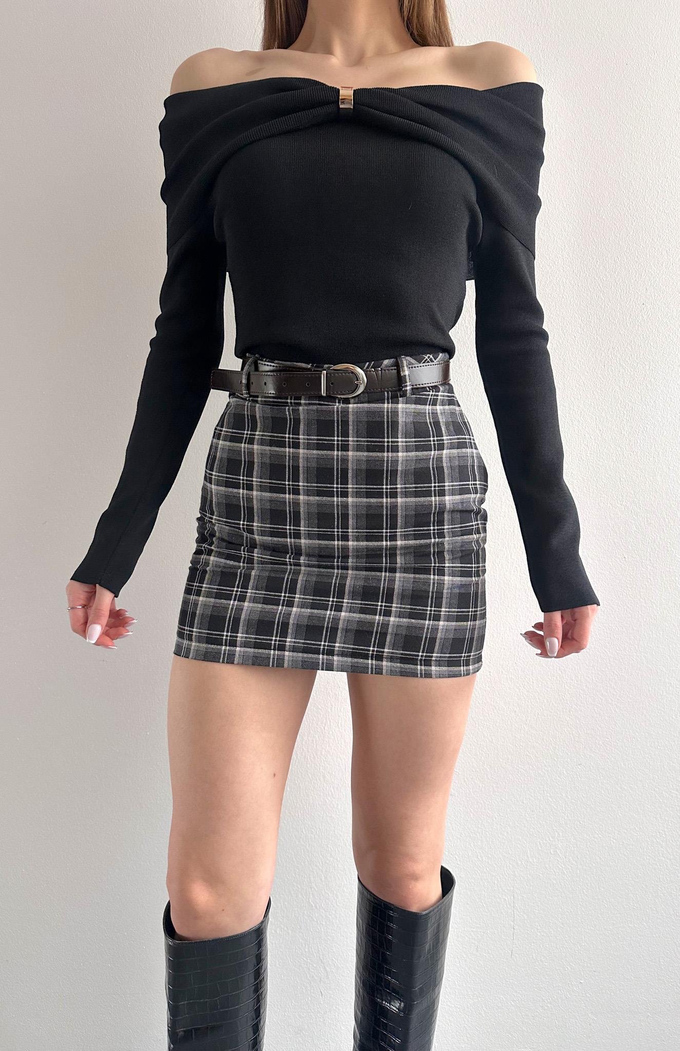 Ekose Düz Şort Etek SİYAH