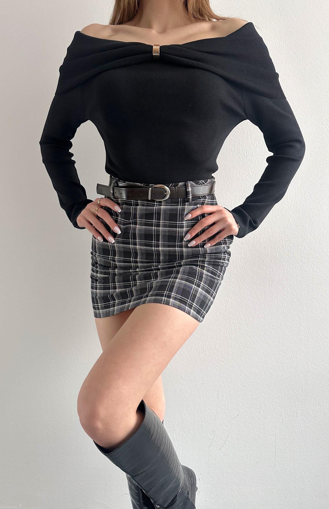 Ekose Düz Şort Etek SİYAH