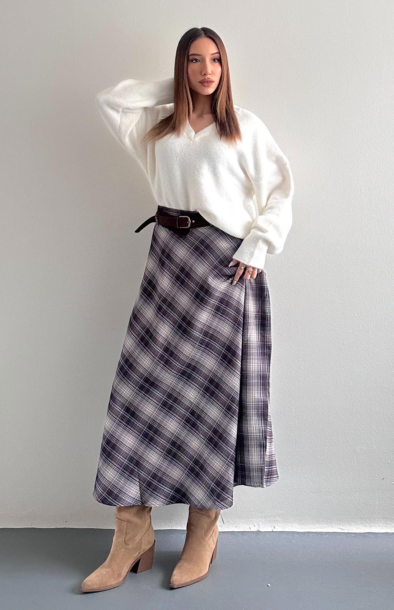 Ekose Kemerli Etek Kahve-bej