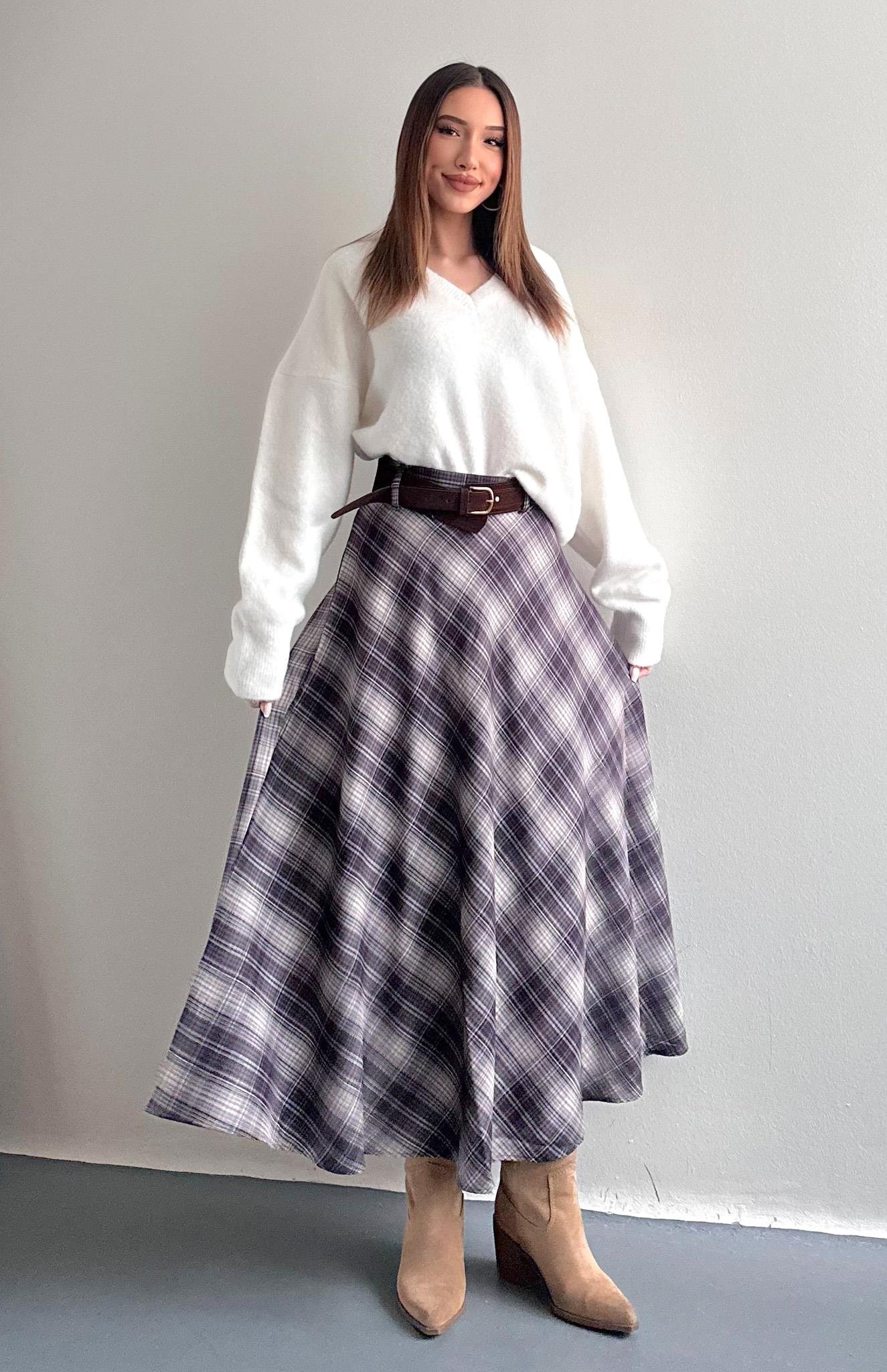 Ekose Kemerli Etek Kahve-bej