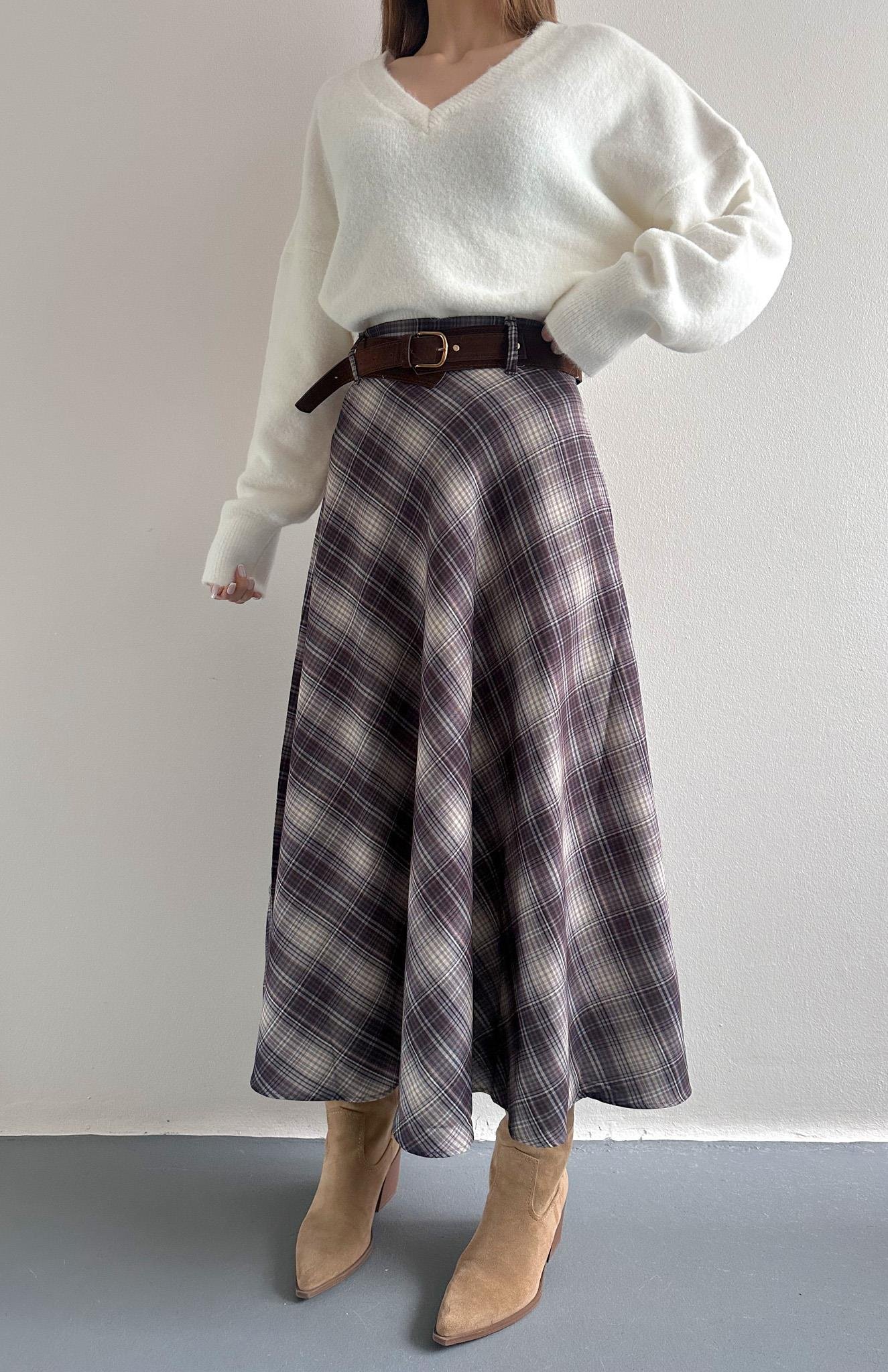 Ekose Kemerli Etek Kahve-bej