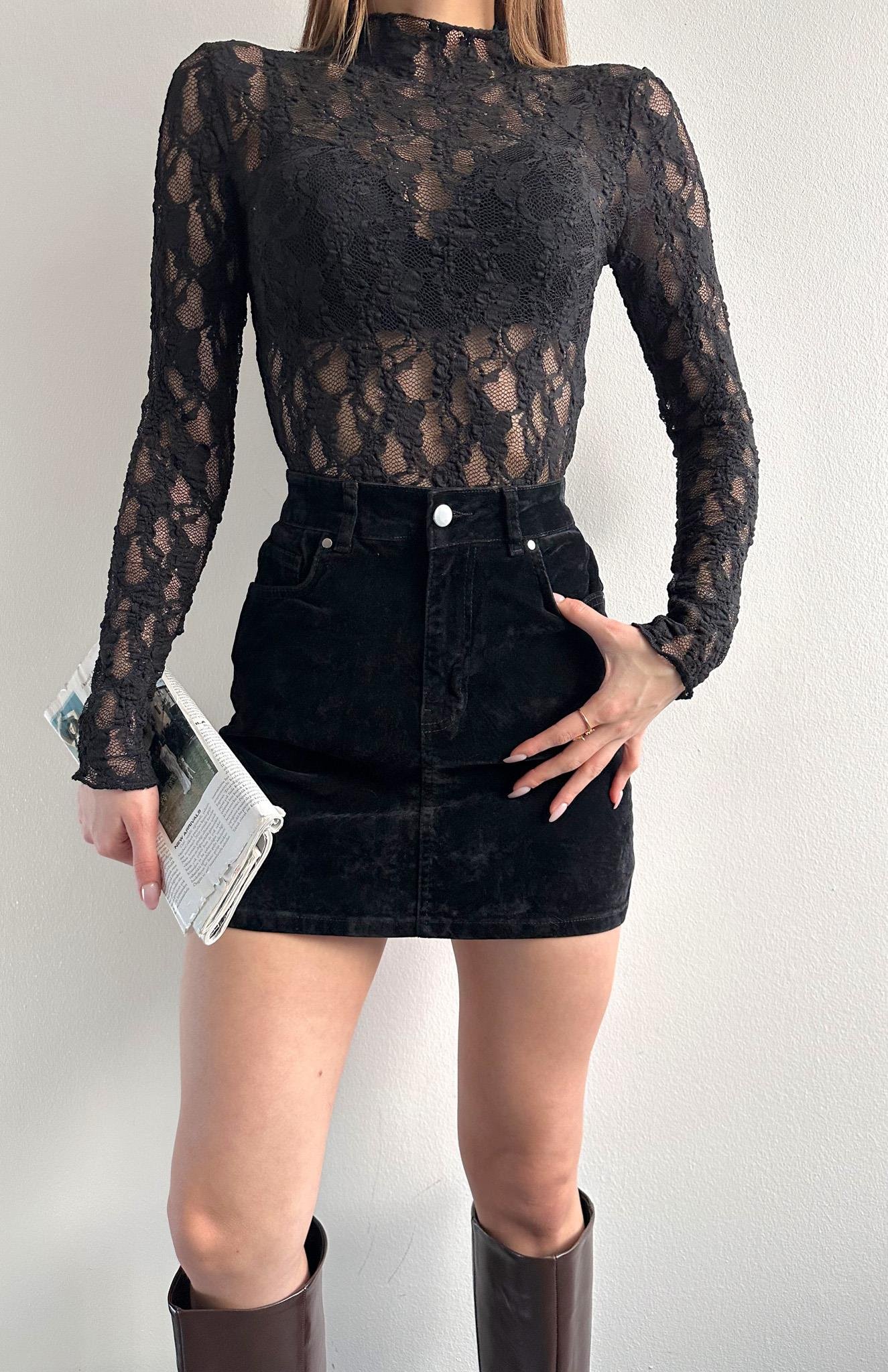 Flok Kaplama Likrali Mini Etek SİYAH