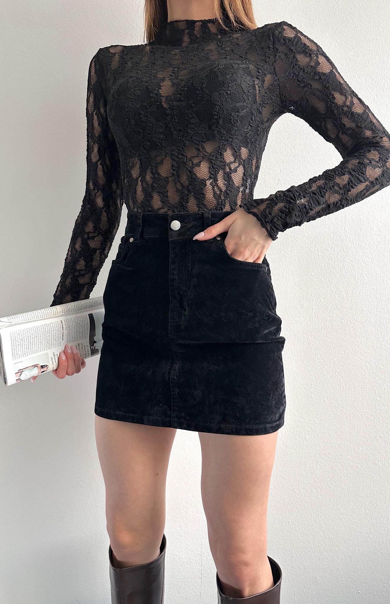 Flok Kaplama Likrali Mini Etek SİYAH