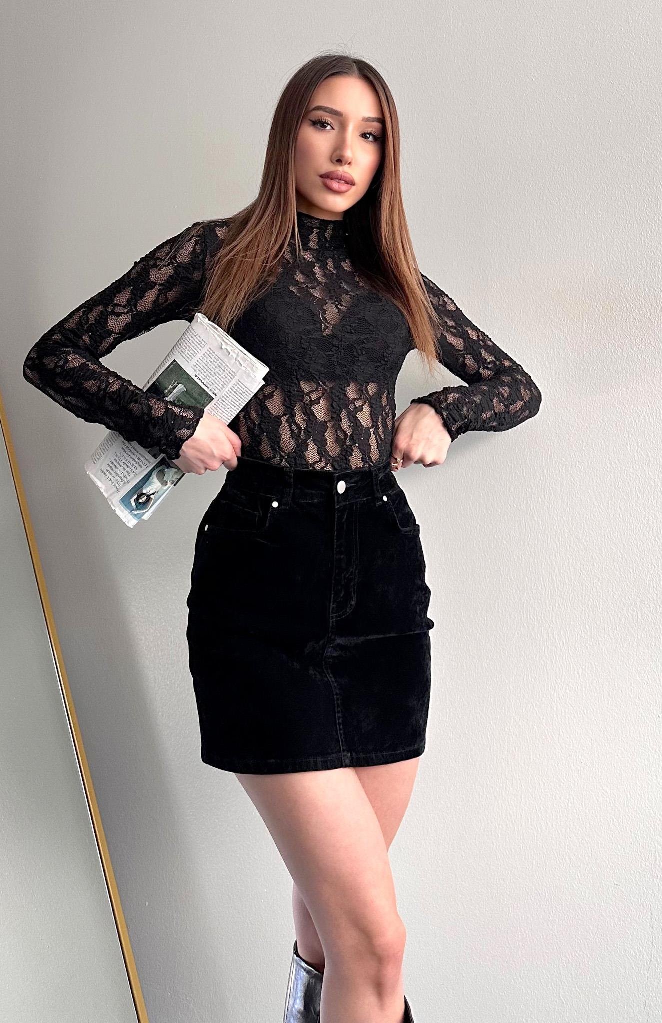 Flok Kaplama Likrali Mini Etek SİYAH