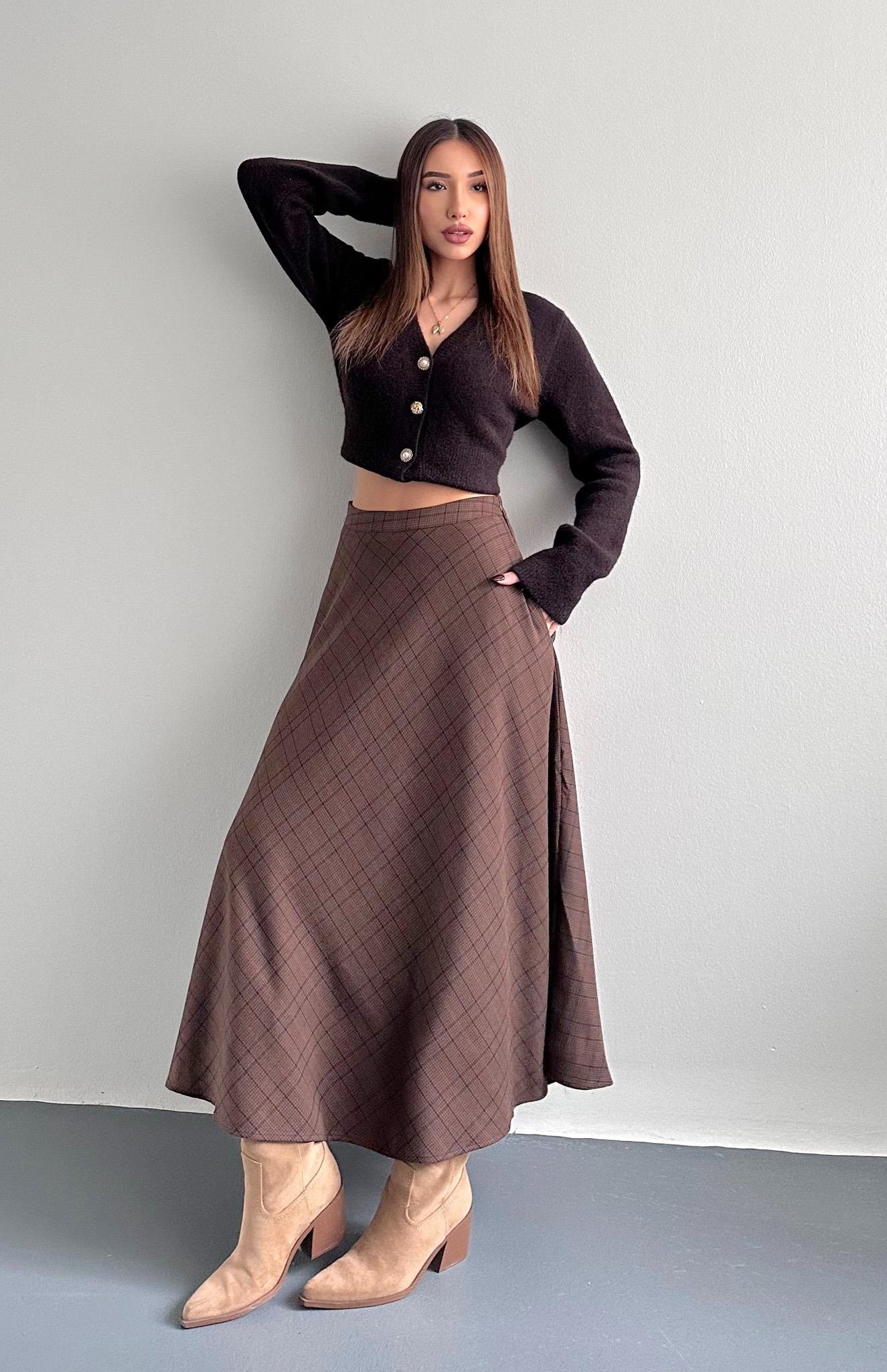 Kahve Ekose Desen Verev Etek KAHVERENGİ