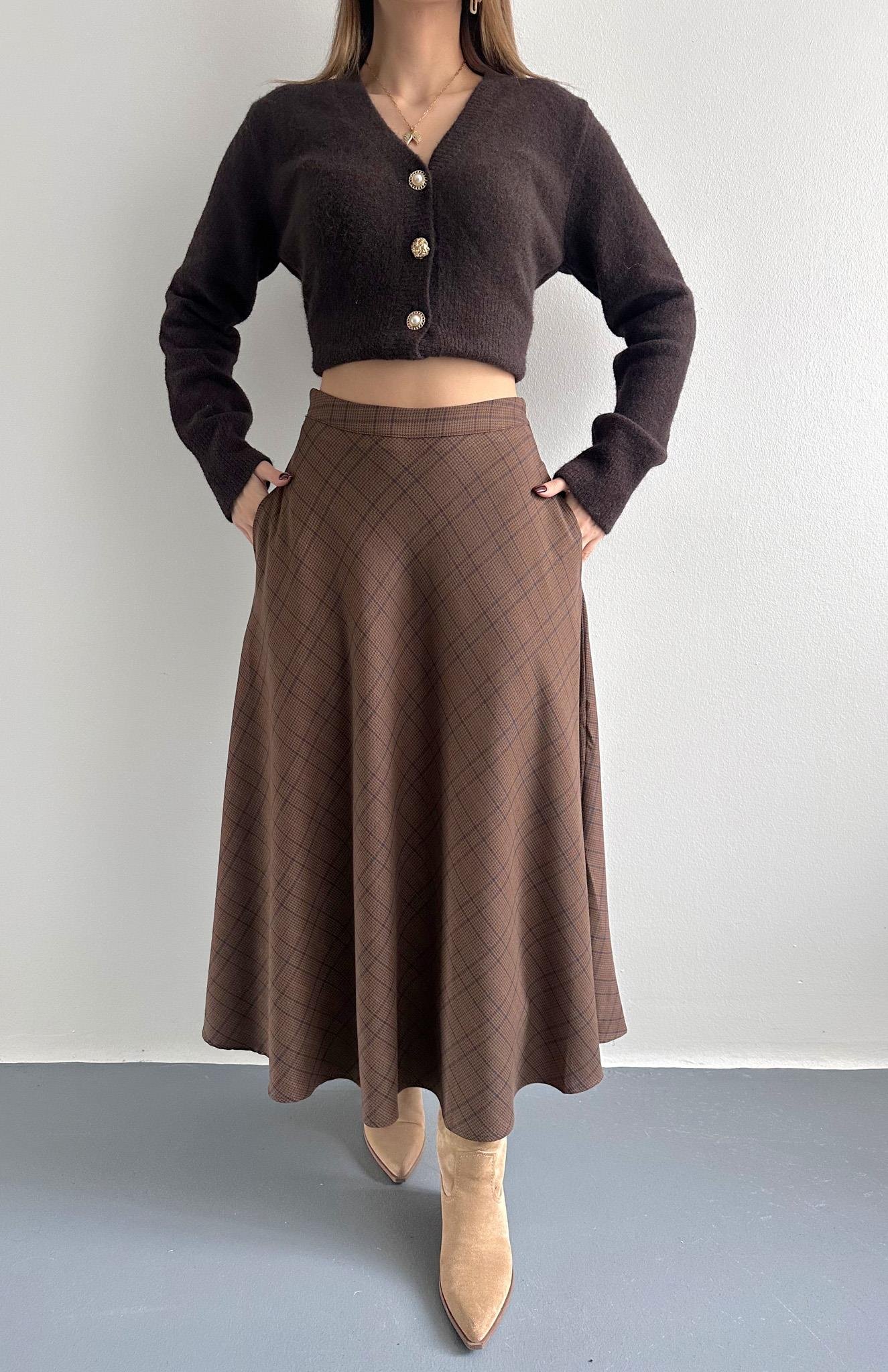 Kahve Ekose Desen Verev Etek KAHVERENGİ