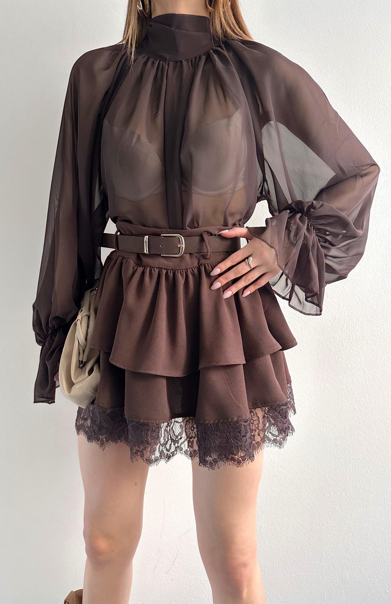 Kemerli Dantel Detaylı Etek KAHVERENGİ