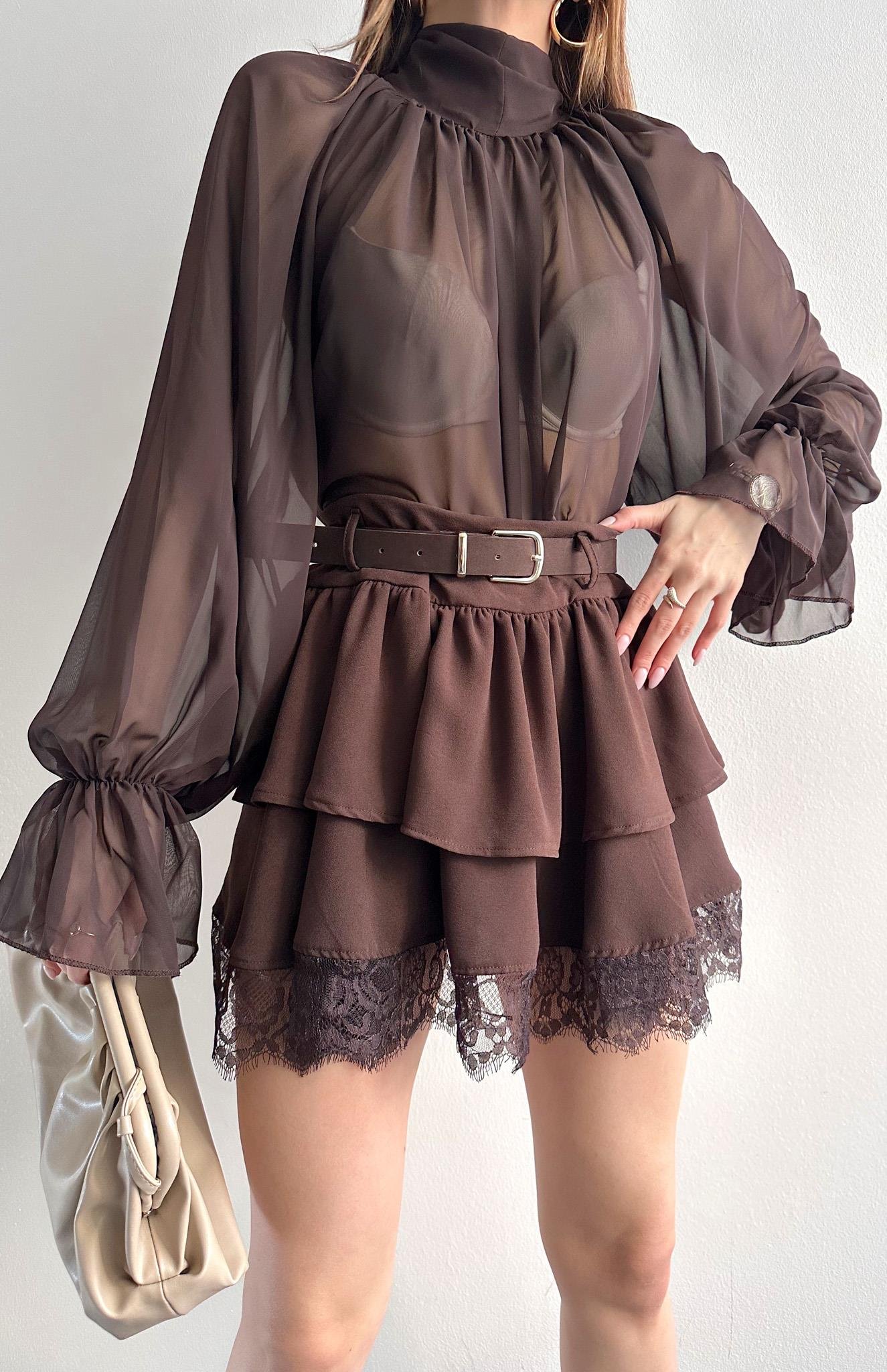 Kemerli Dantel Detaylı Etek KAHVERENGİ