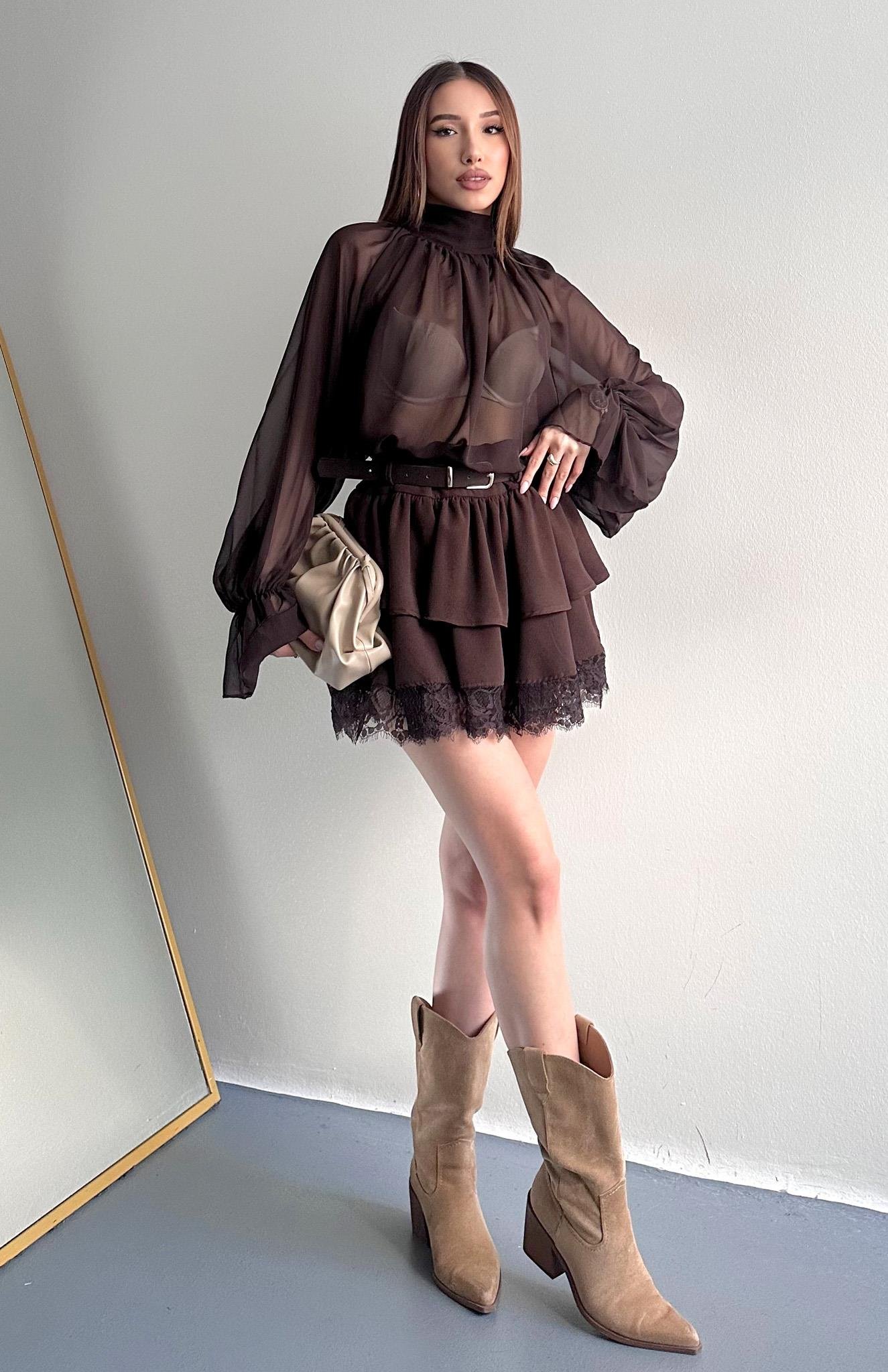 Kemerli Dantel Detaylı Etek KAHVERENGİ