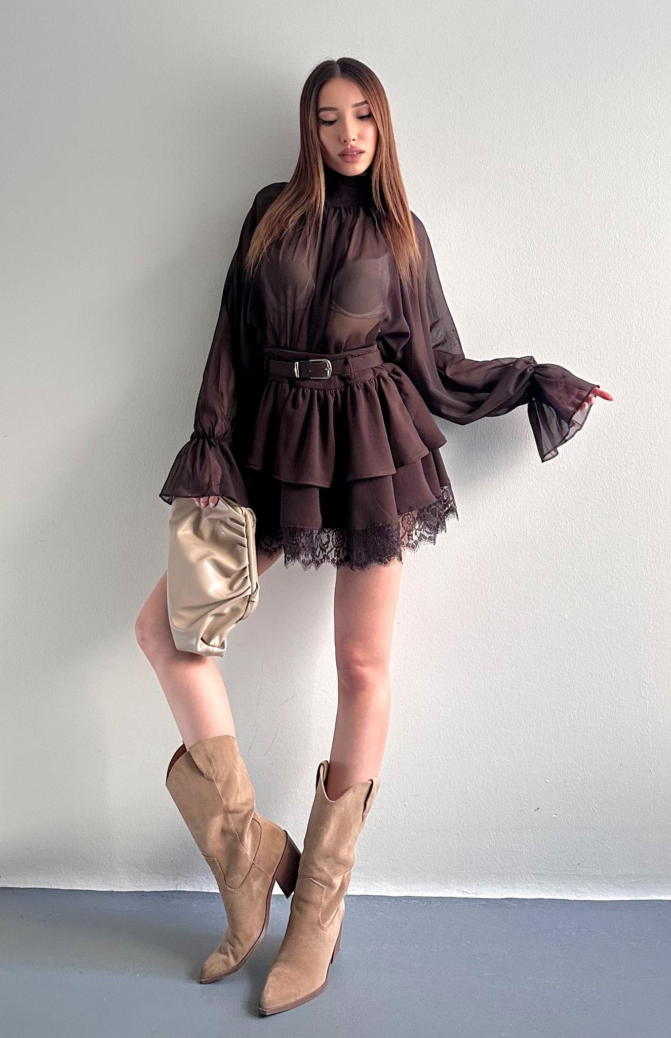 Kemerli Dantel Detaylı Etek KAHVERENGİ