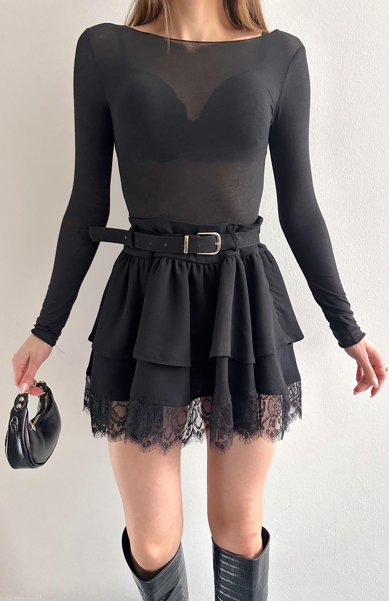 Kemerli Dantel Detaylı Etek SİYAH