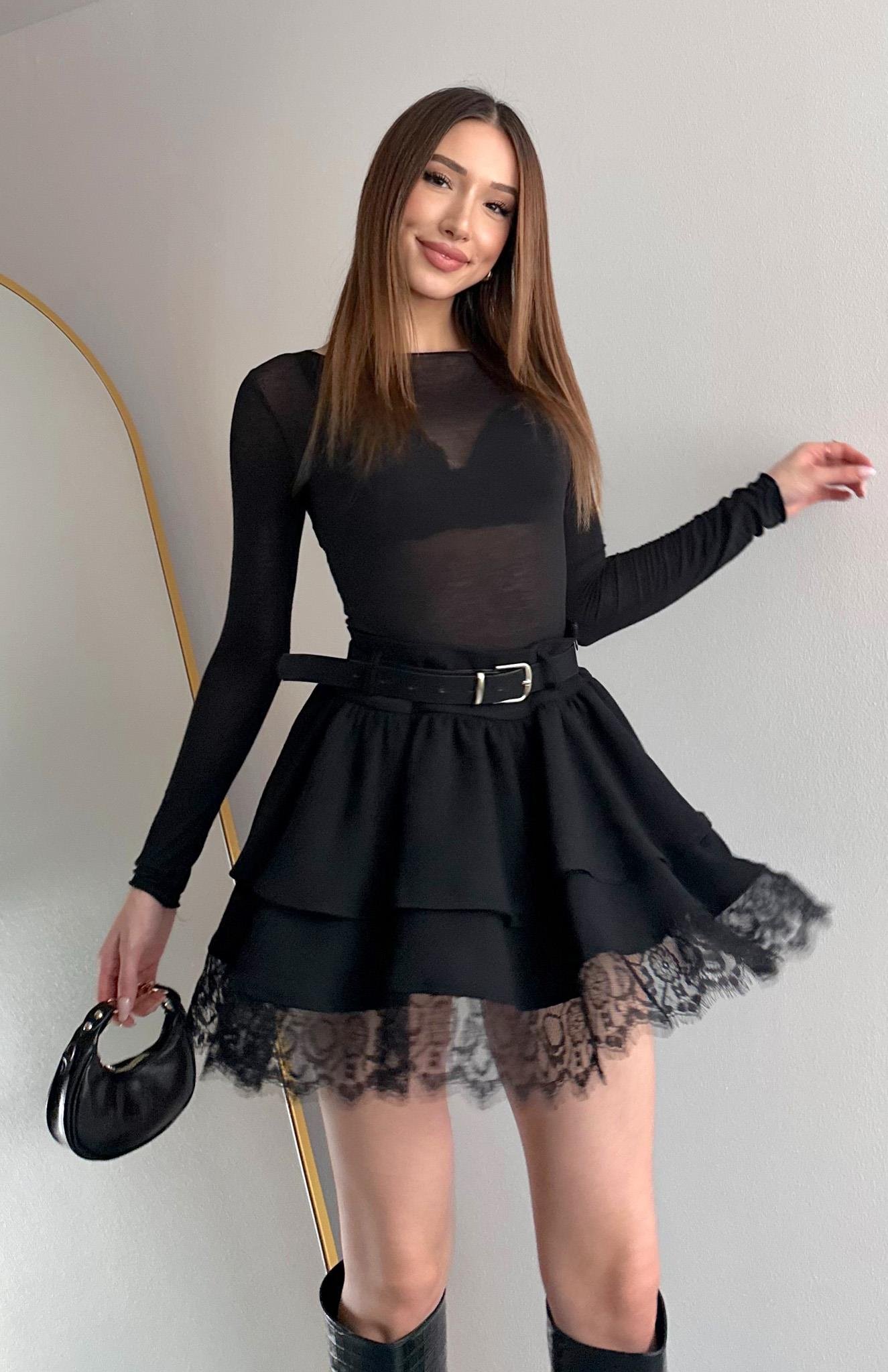 Kemerli Dantel Detaylı Etek SİYAH