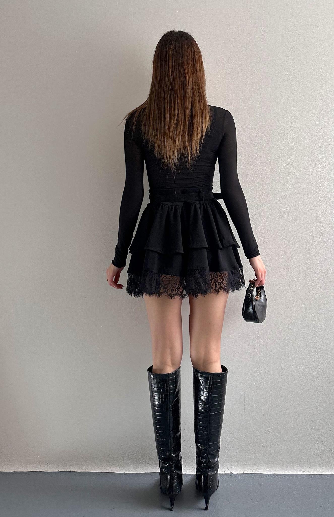 Kemerli Dantel Detaylı Etek SİYAH