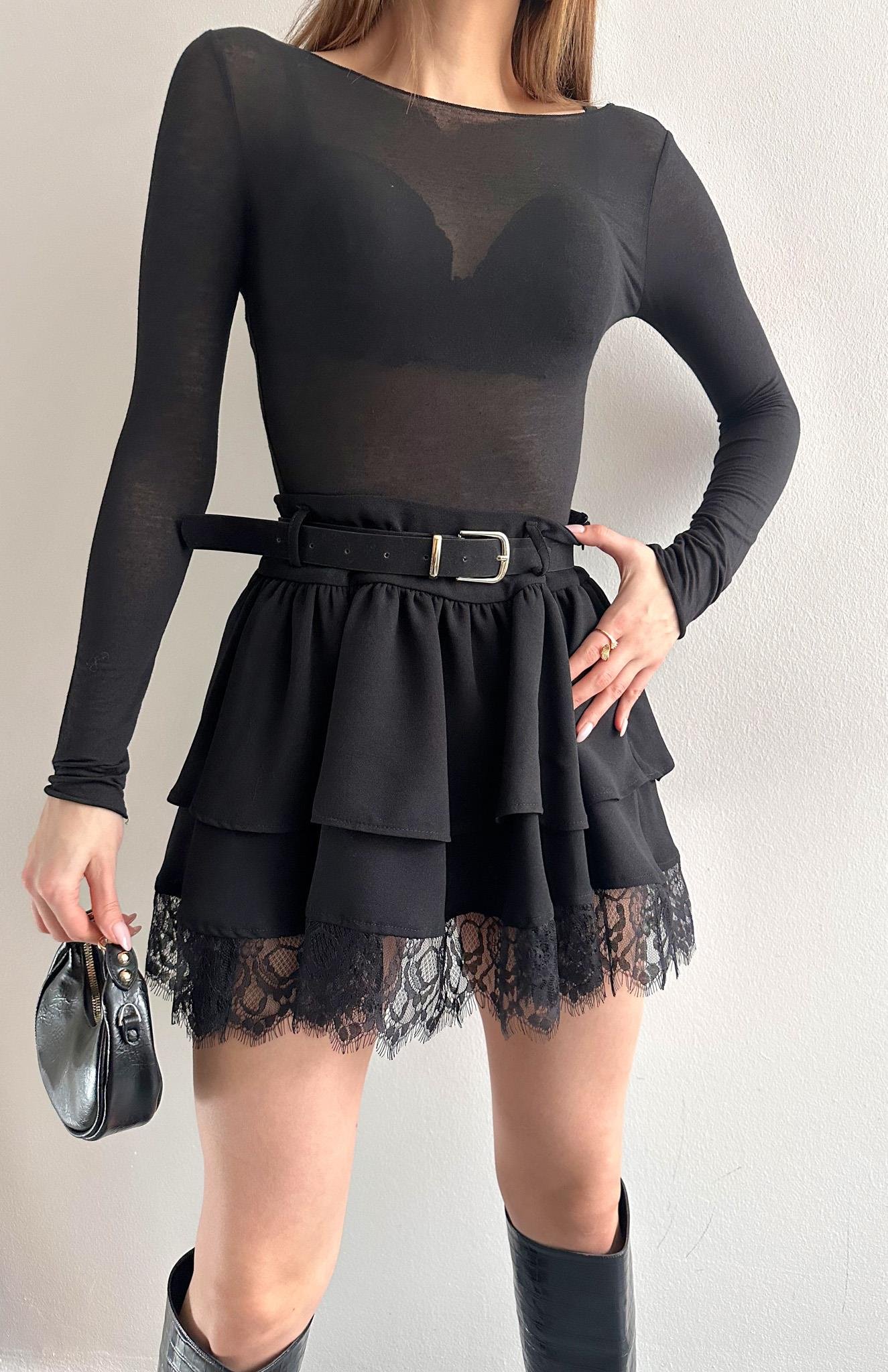 Kemerli Dantel Detaylı Etek SİYAH
