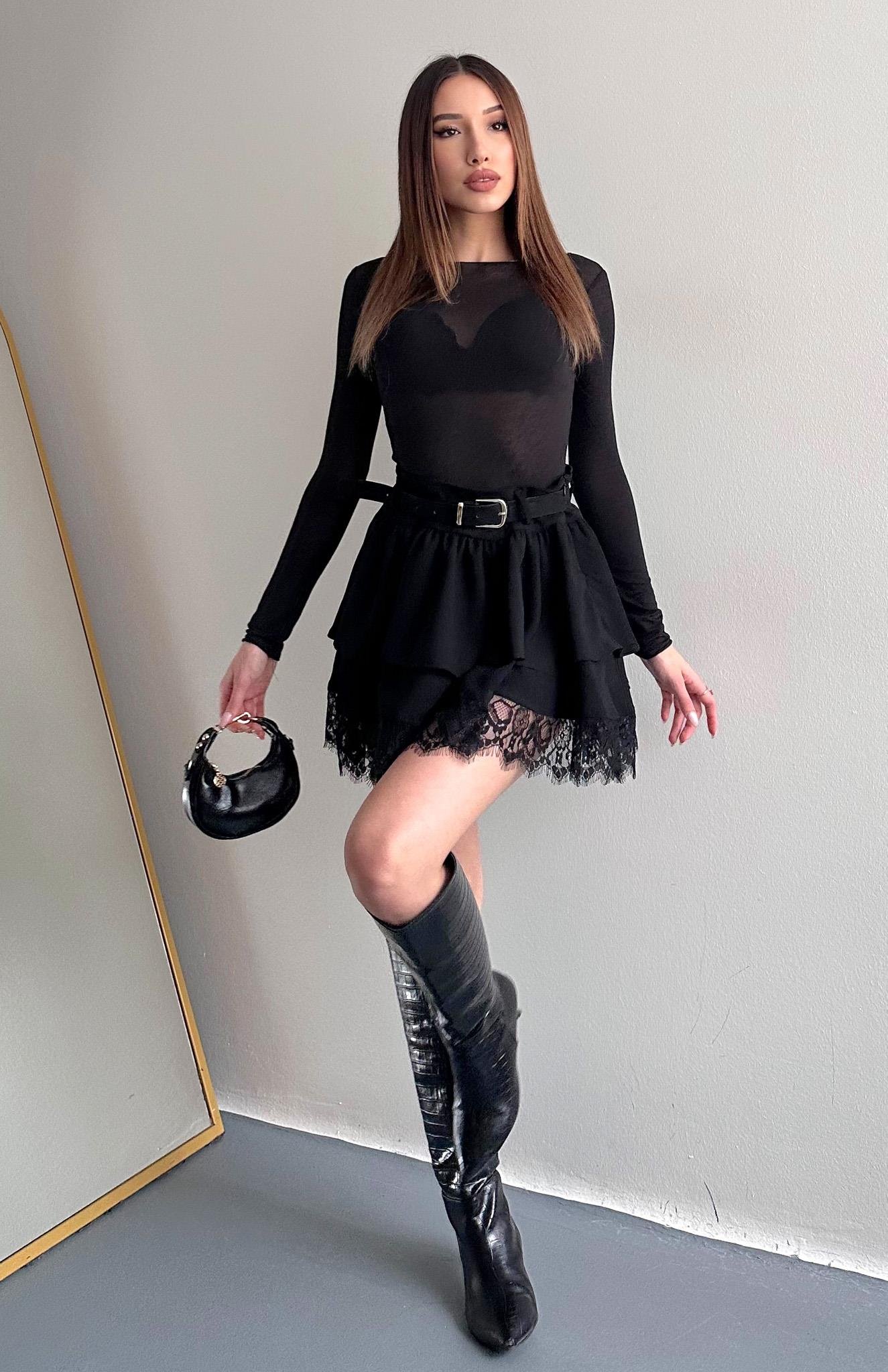 Kemerli Dantel Detaylı Etek SİYAH