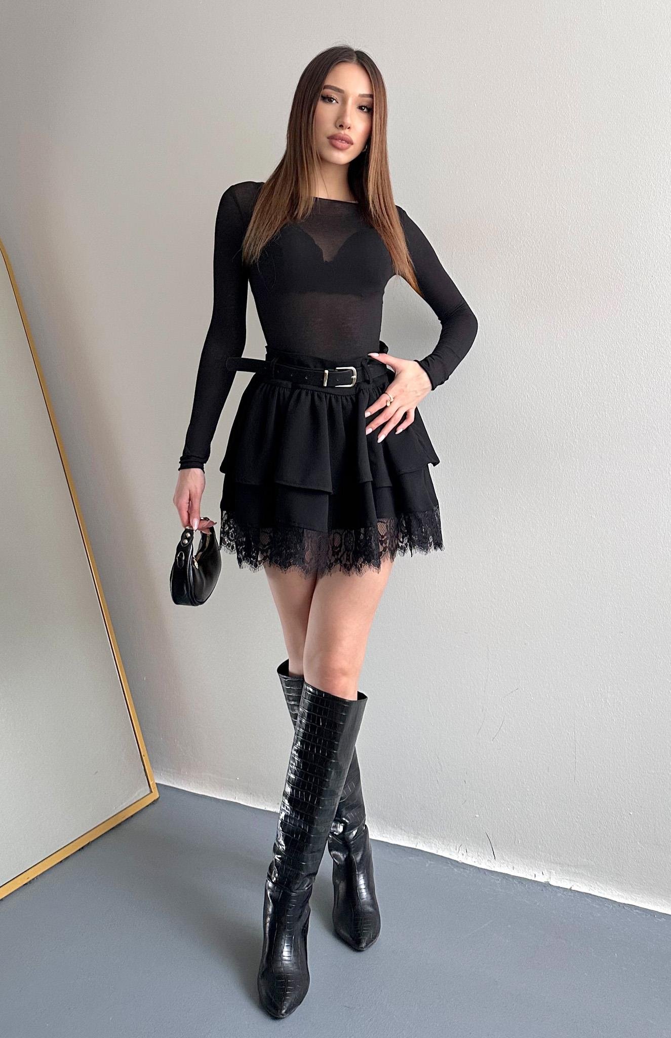 Kemerli Dantel Detaylı Etek SİYAH