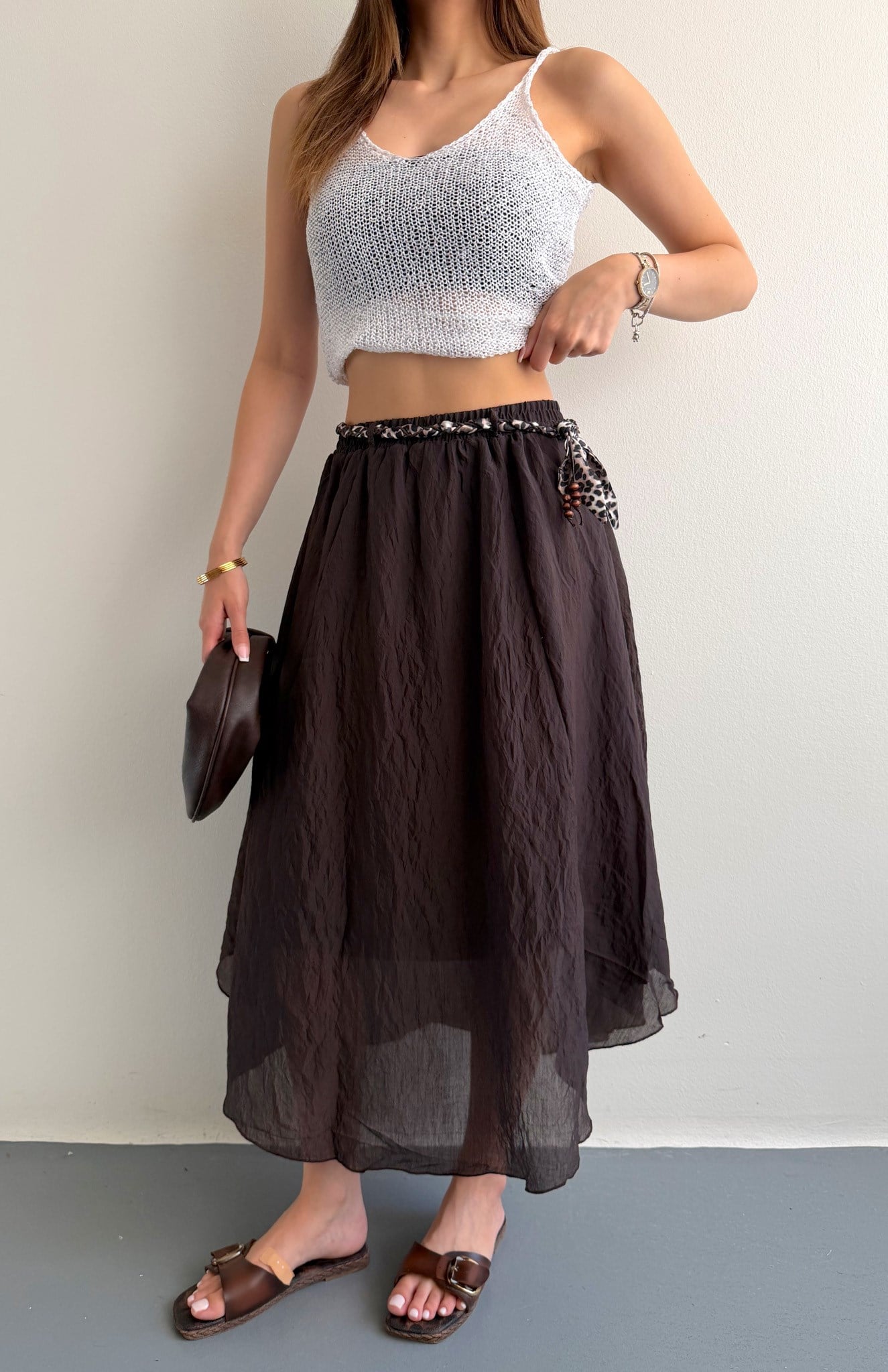 Leopar Kemerli Beli Lastikli Etek KAHVERENGİ