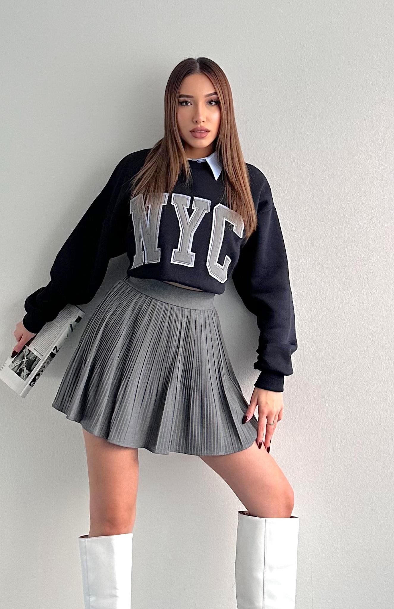 Pile Detaylı Etek KOYU GRİ