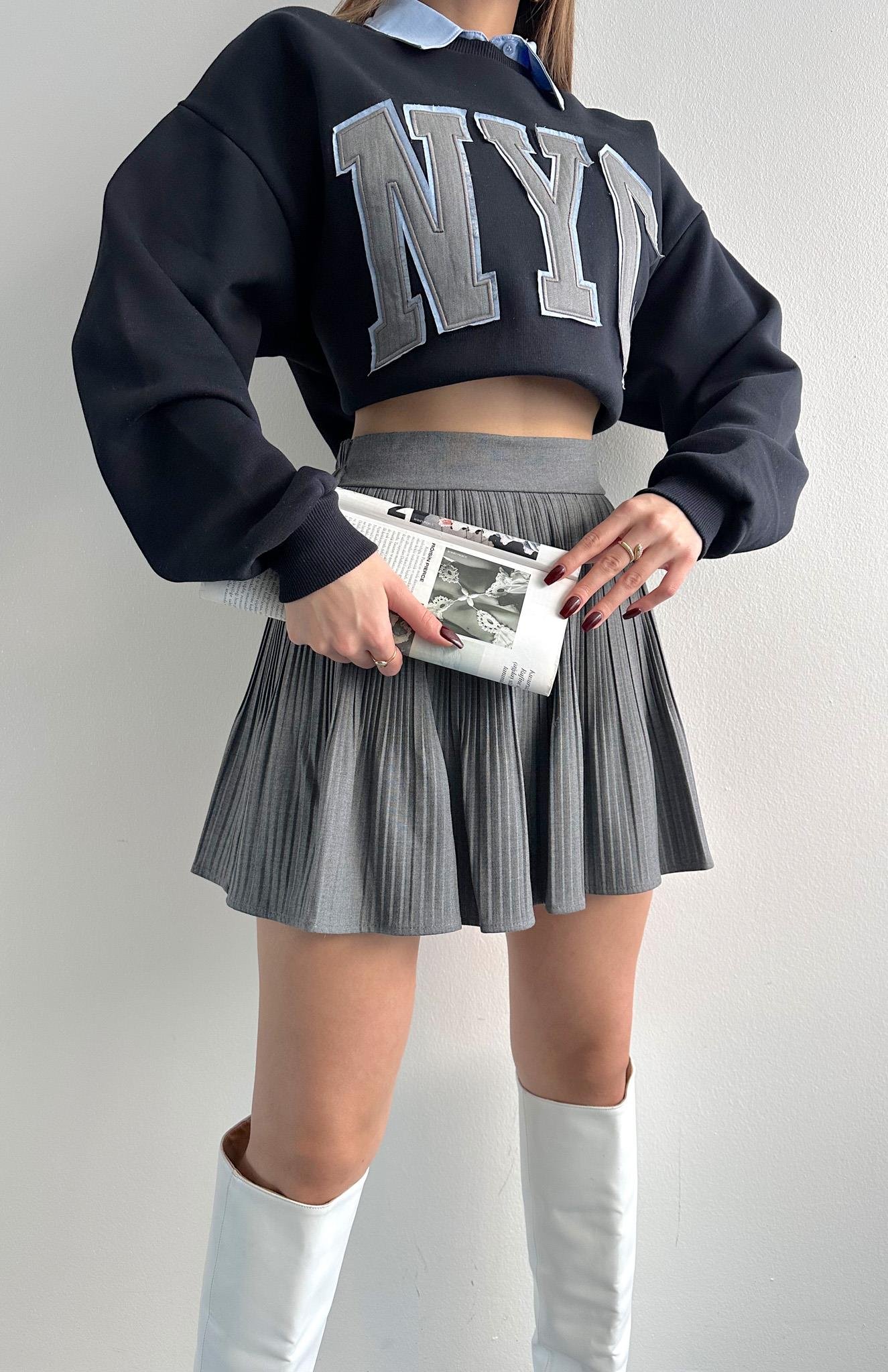 Pile Detaylı Etek KOYU GRİ