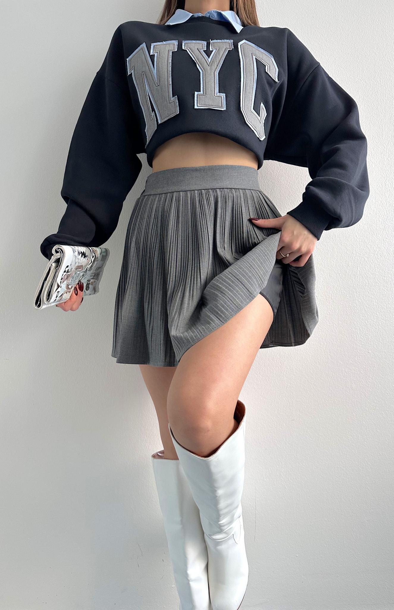 Pile Detaylı Etek KOYU GRİ