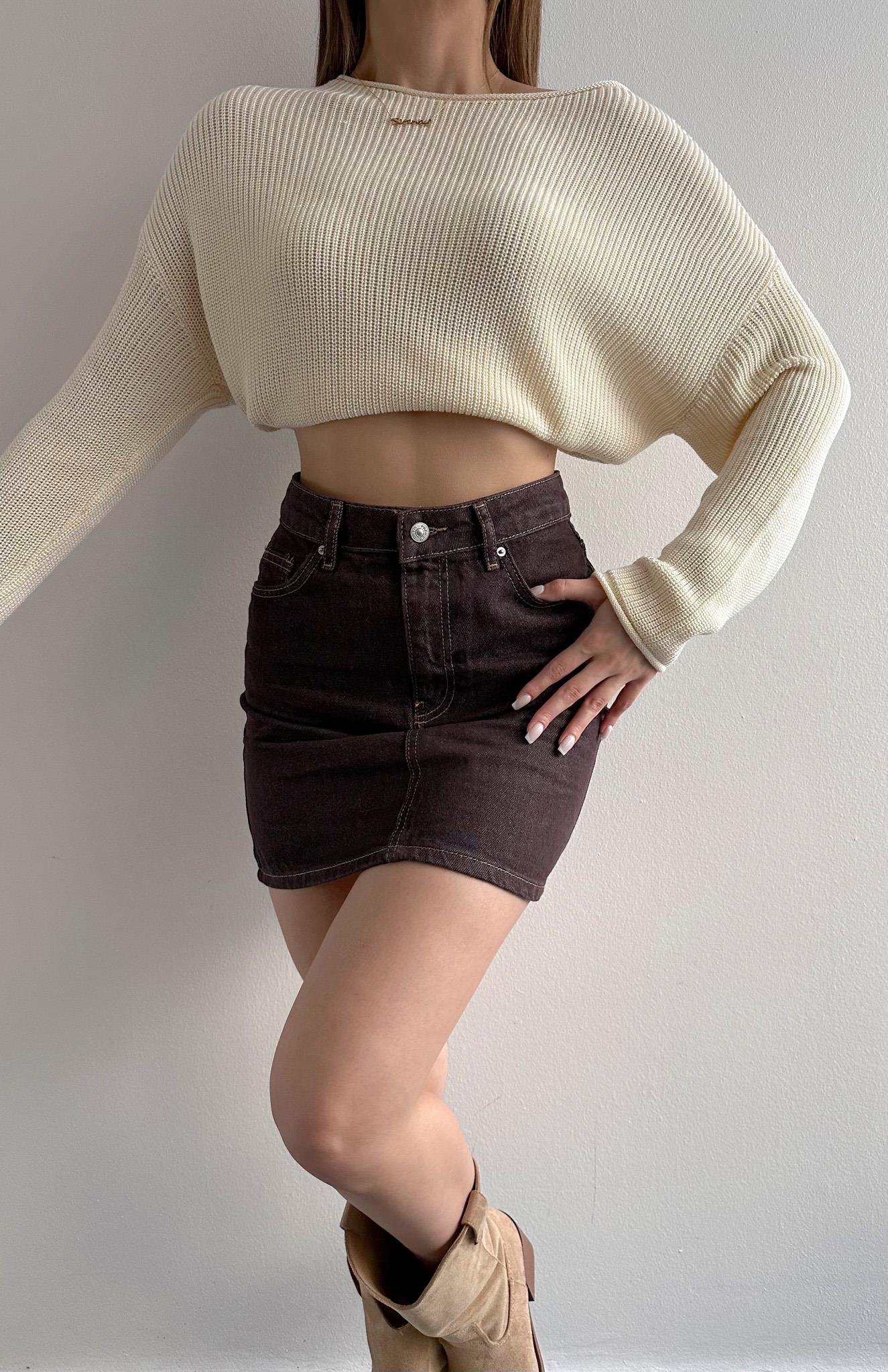 Renkli Denim Mini Etek KAHVERENGİ