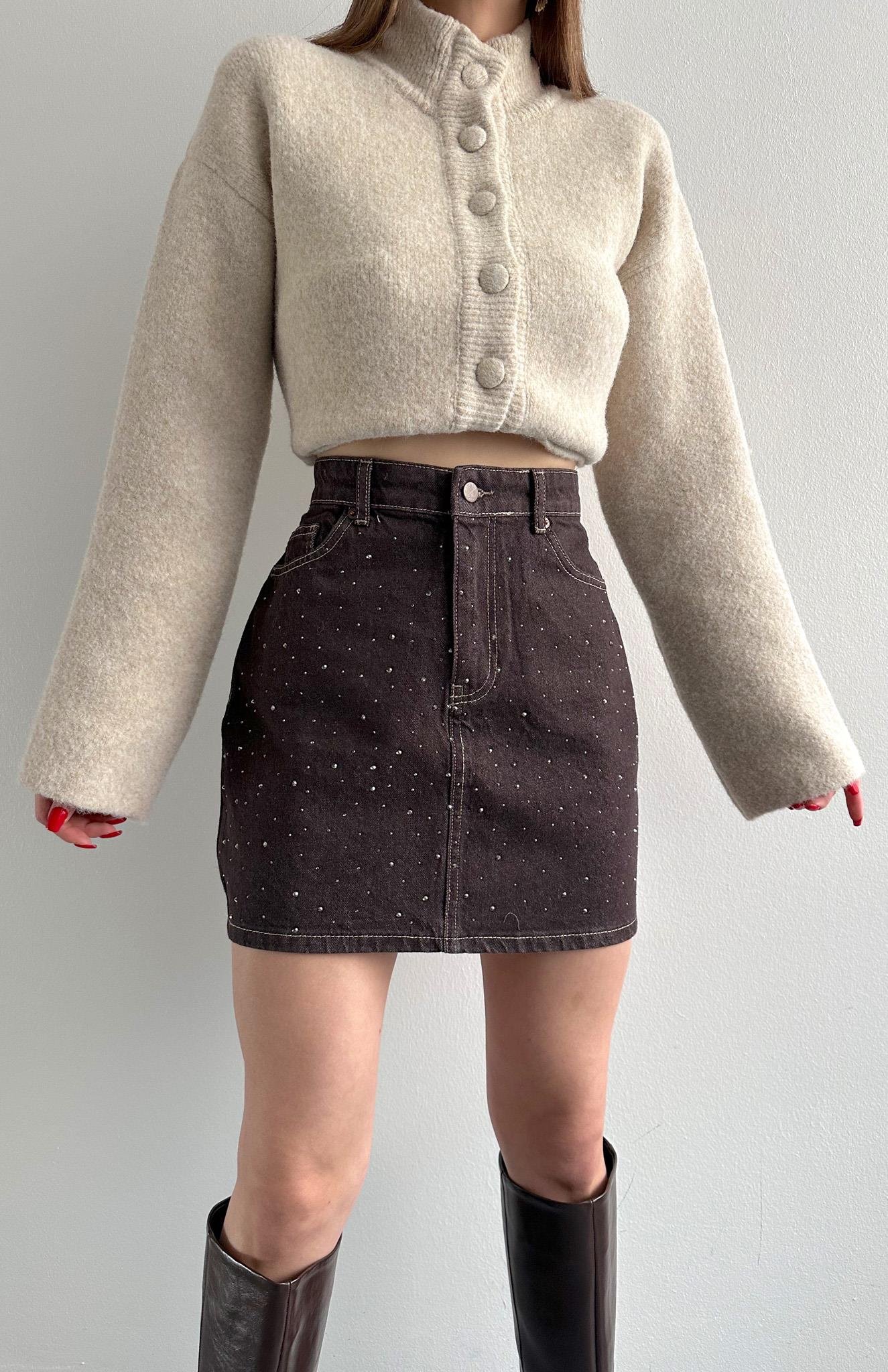 Taş Detaylı Etek KAHVERENGİ