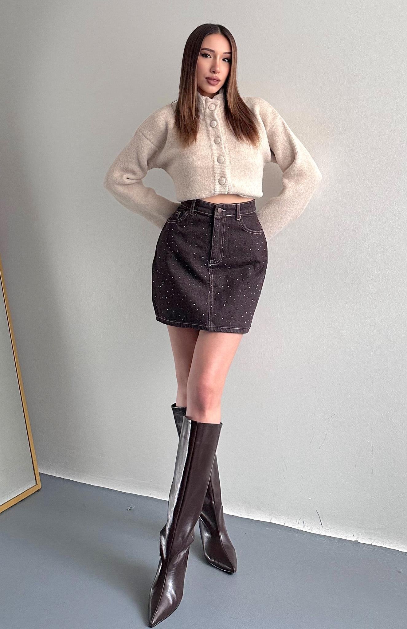 Taş Detaylı Etek KAHVERENGİ