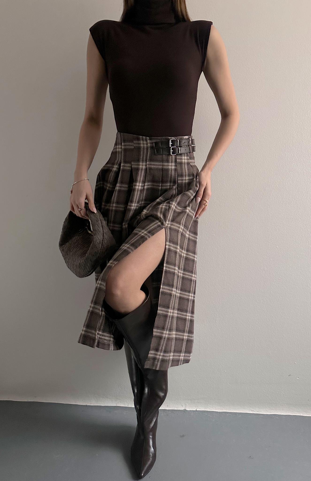 Yırtmaçlı Ekose Etek A.KAHVE