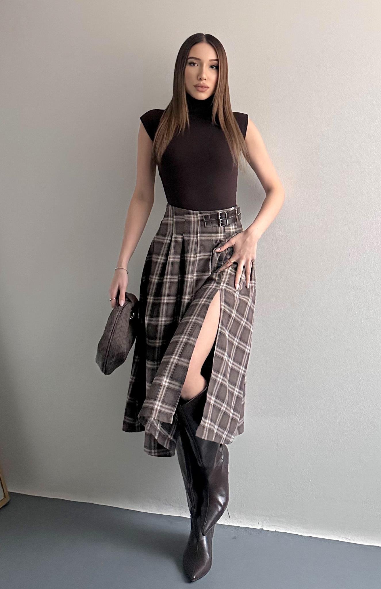 Yırtmaçlı Ekose Etek A.KAHVE